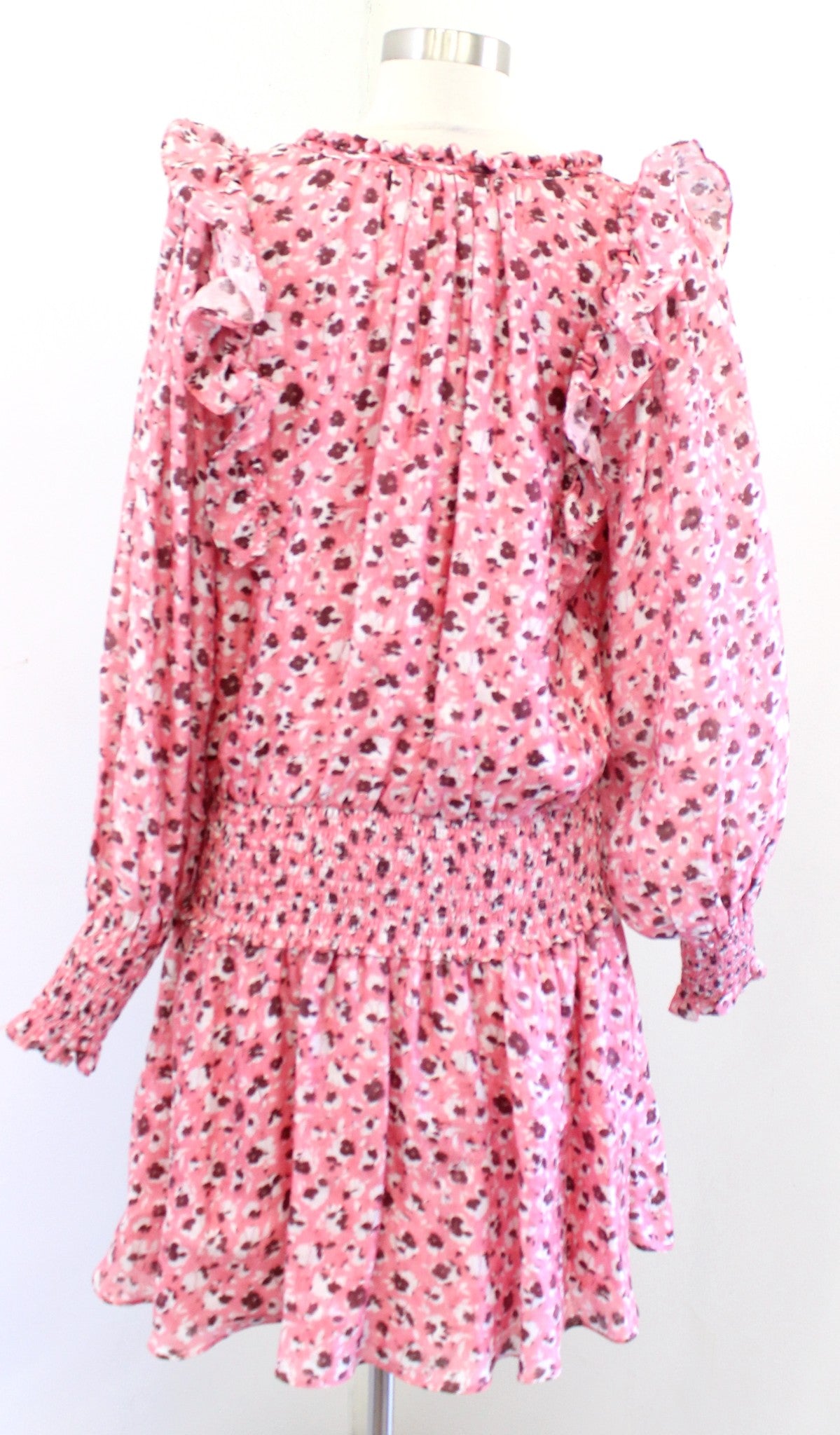 Ramy Brook Penelope Pink Ruffled Smocked Floral Dress Size M Long Sleeve V Neck