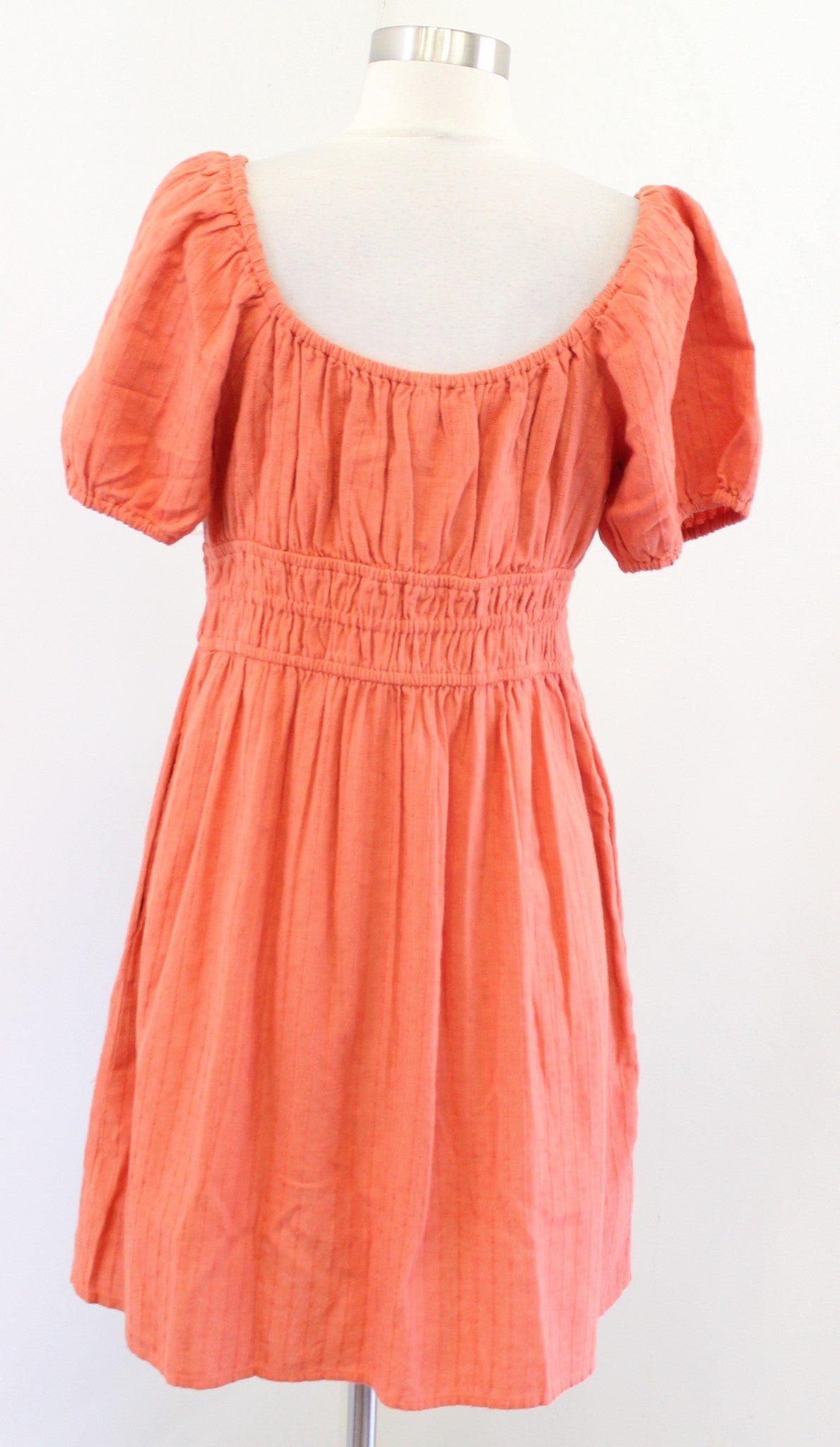 NWT Madewell Coral Orange Dobby Puff Sleeve Tie Front Mini Peasant Dress Size L