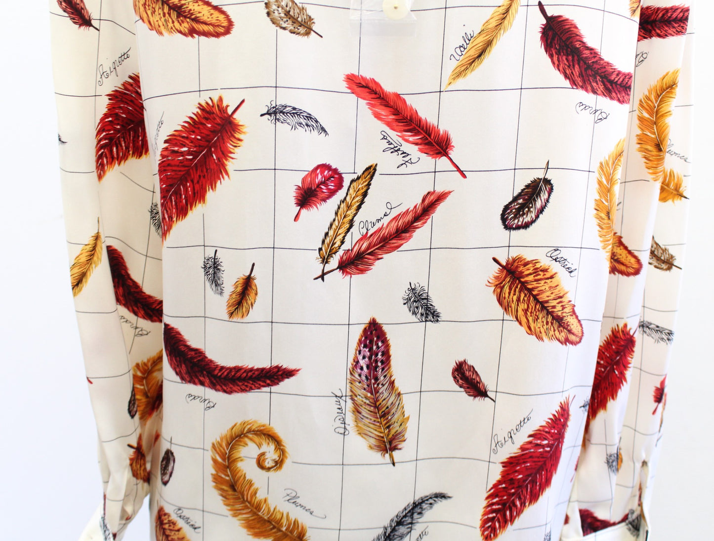 NWT Vtg 90s Starington Silk Bird Feathers Print Button Front Blouse Size 8 Cream