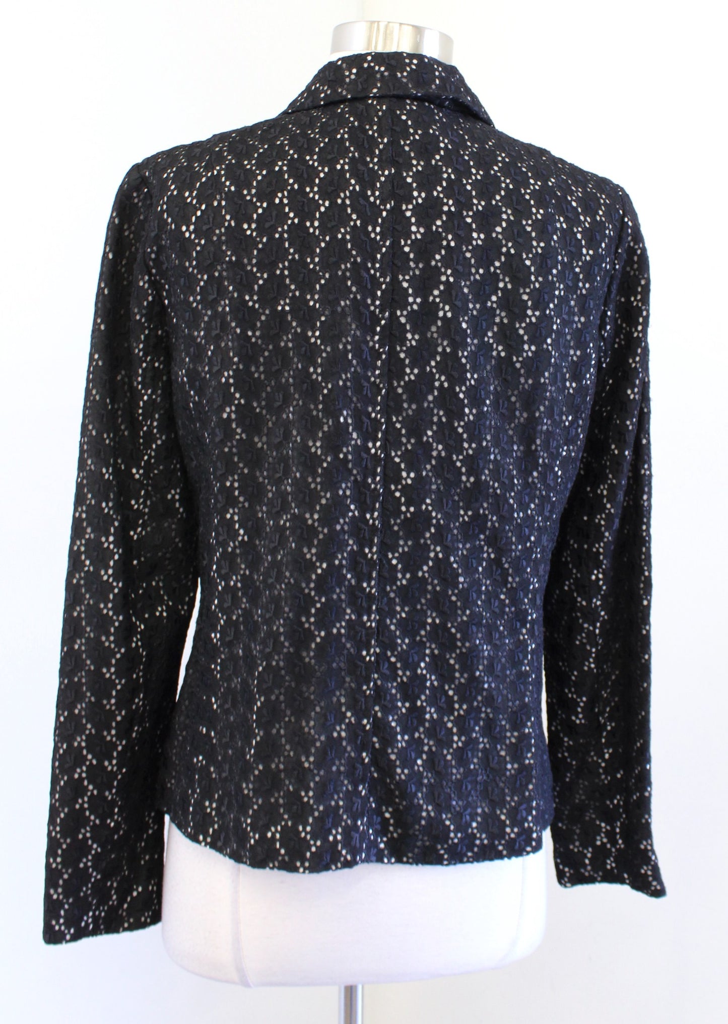 Nanette Lepore Black White Eyelet Lace Leather Trim Zip Up Moto Jacket Size 6