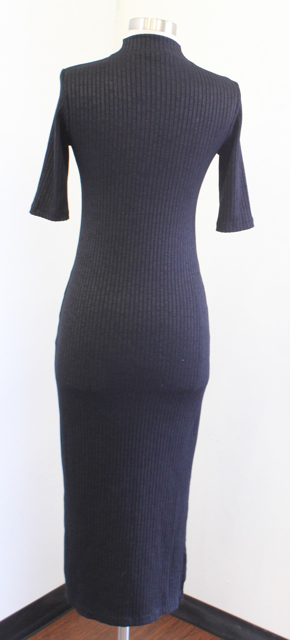 Massimo Dutti Black Ribbed Knit Mock Neck Bodycon Fitted Midi Dress Size S