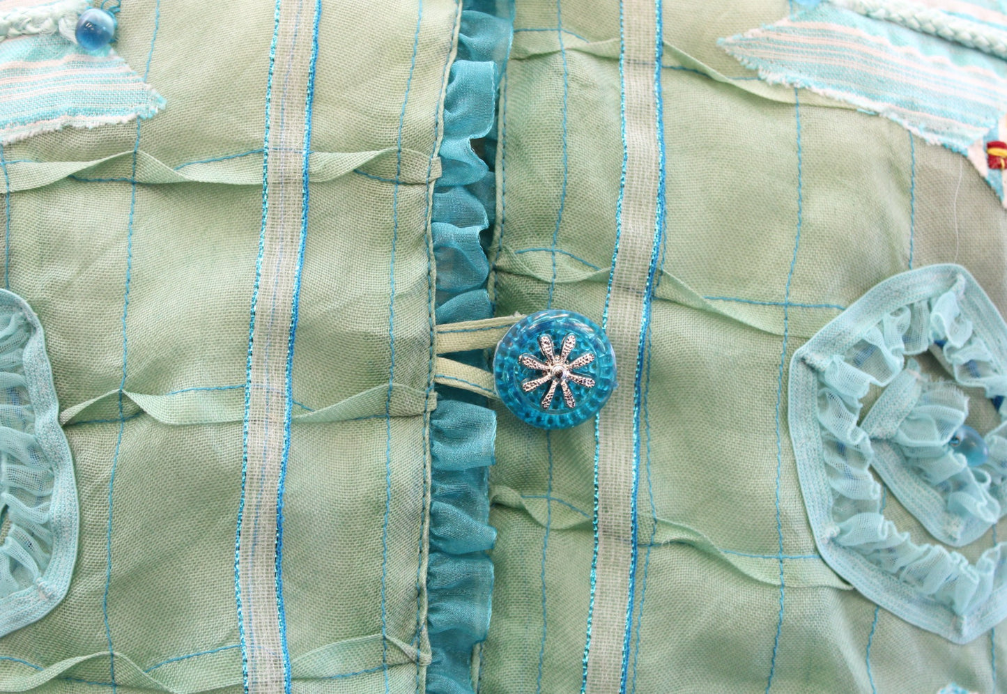 Sandy Sandy Starkman Green Blue Ombre Patchwork Textured Silk Jacket Size S Boho