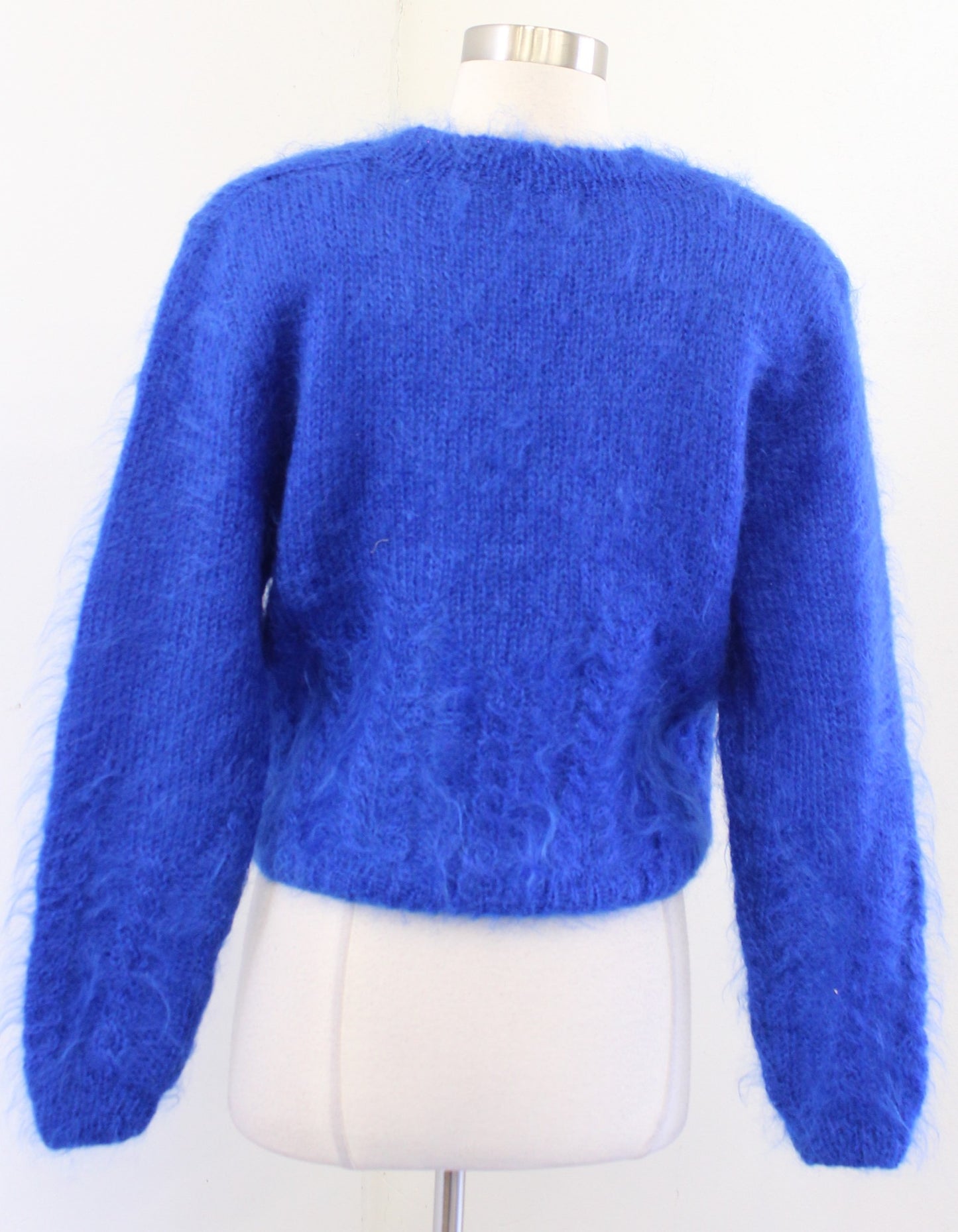 Vtg 90s Blue Mohair Wool Blend Fuzzy Textured Cropped Cardigan Sweater Size S