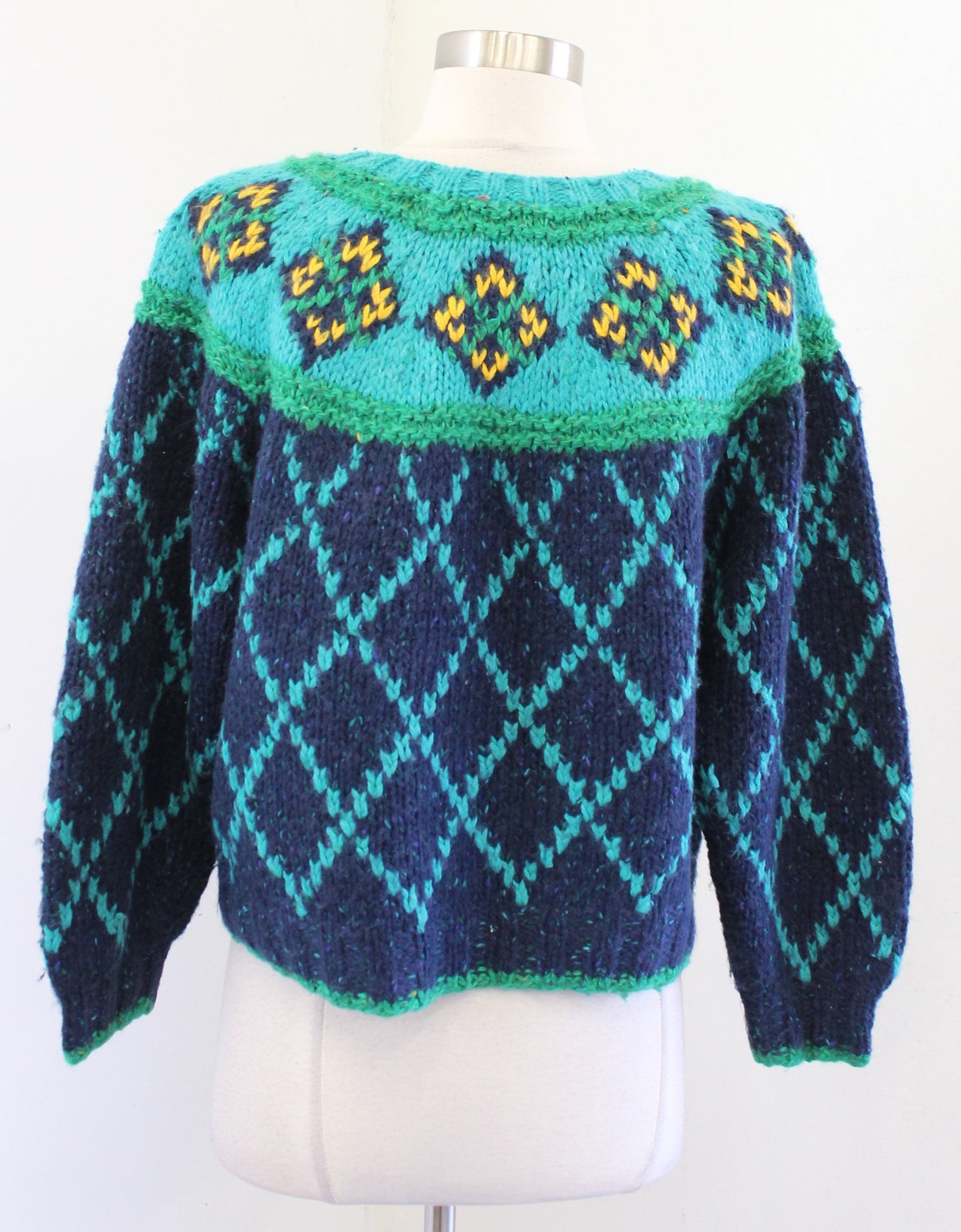 Vtg 90s Blue Green Diamond Fair Isle Confetti Chunky Knit Sweater Size S Wool