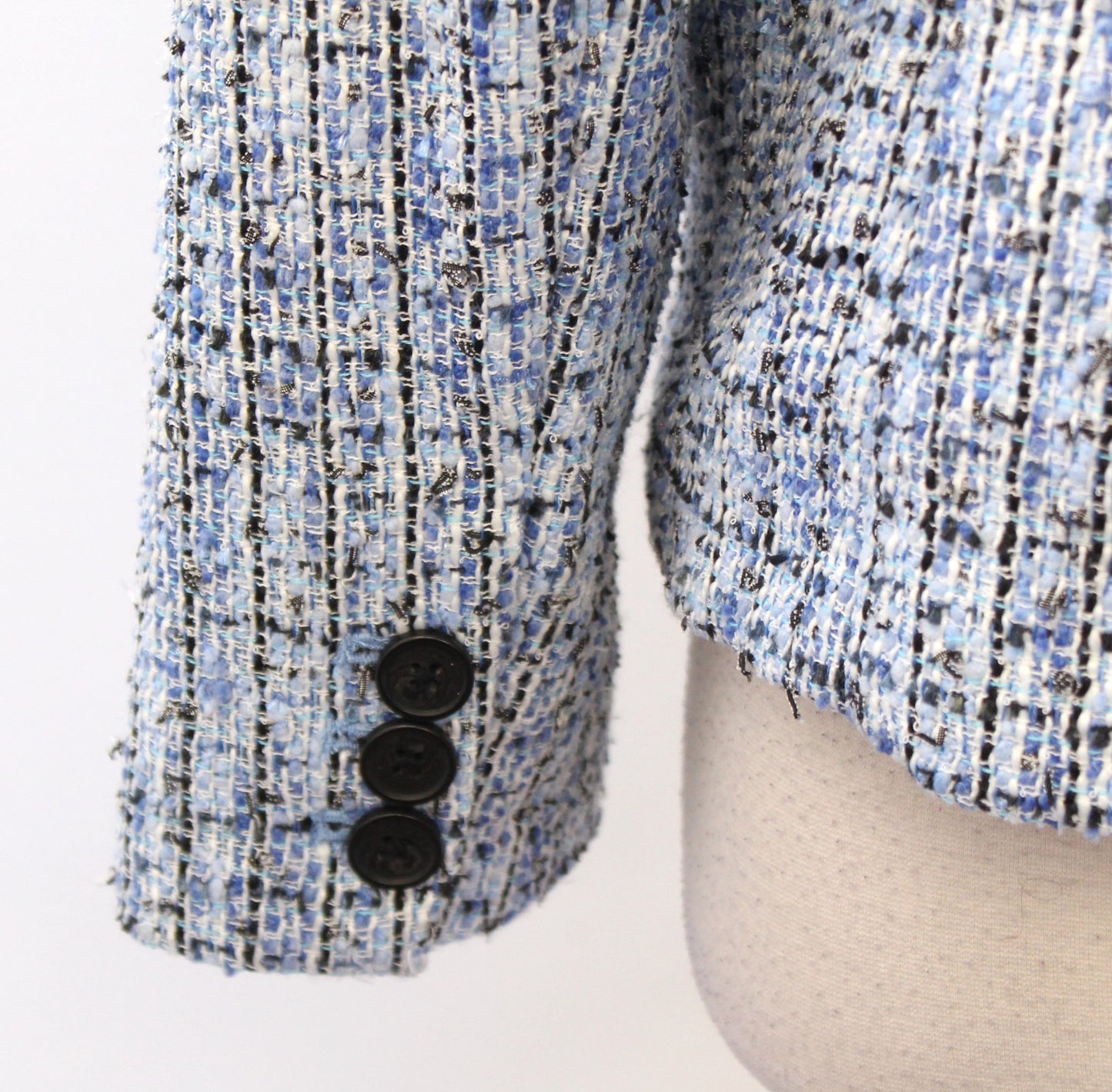 Karl Lagerfeld Blue Black White Tweed Fringe Blazer Suit Jacket Size 8 Career