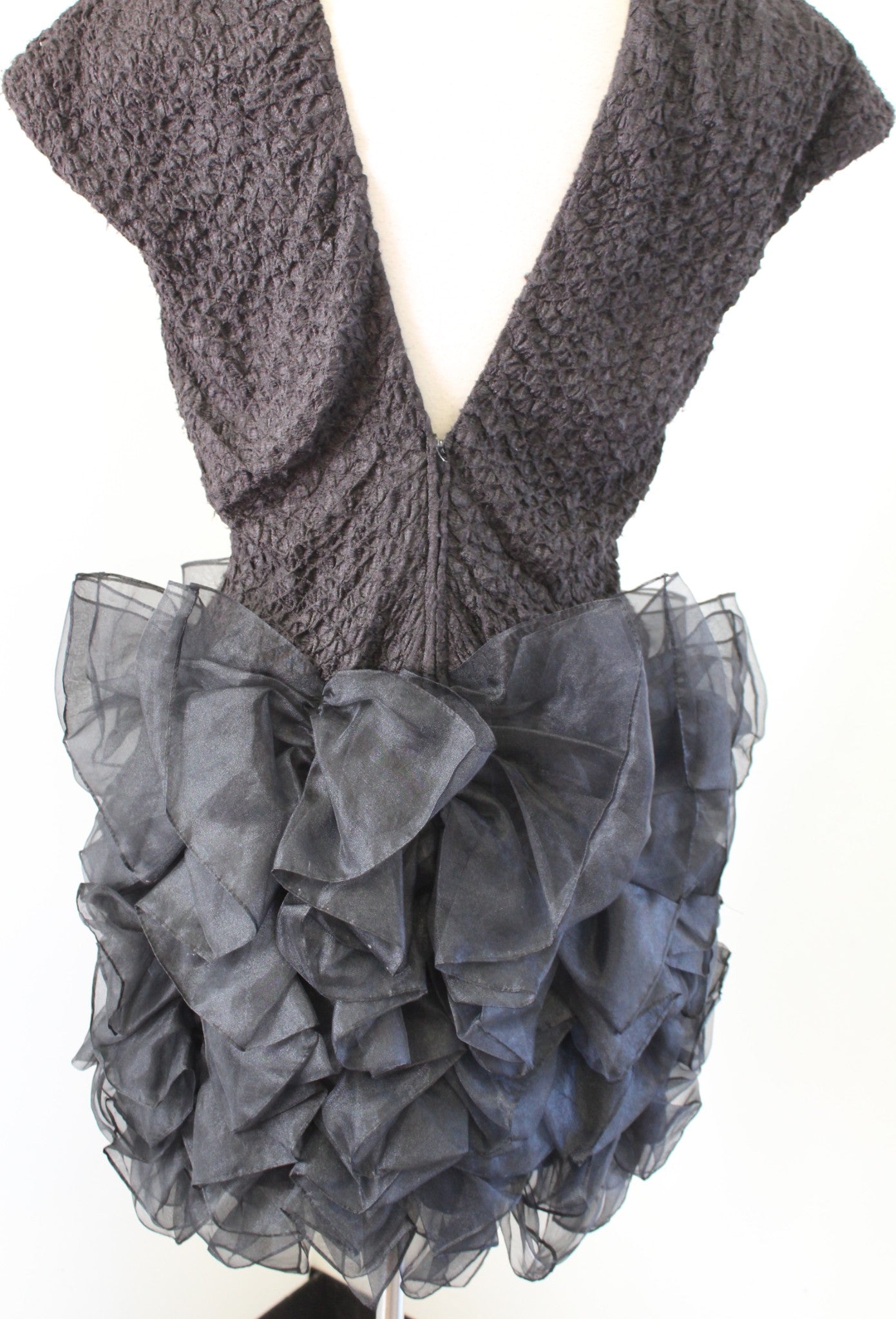 Vtg 70s Lillie Rubin Black Textured Rulle Dramatic Ruffle Cocktail Party Dress 8