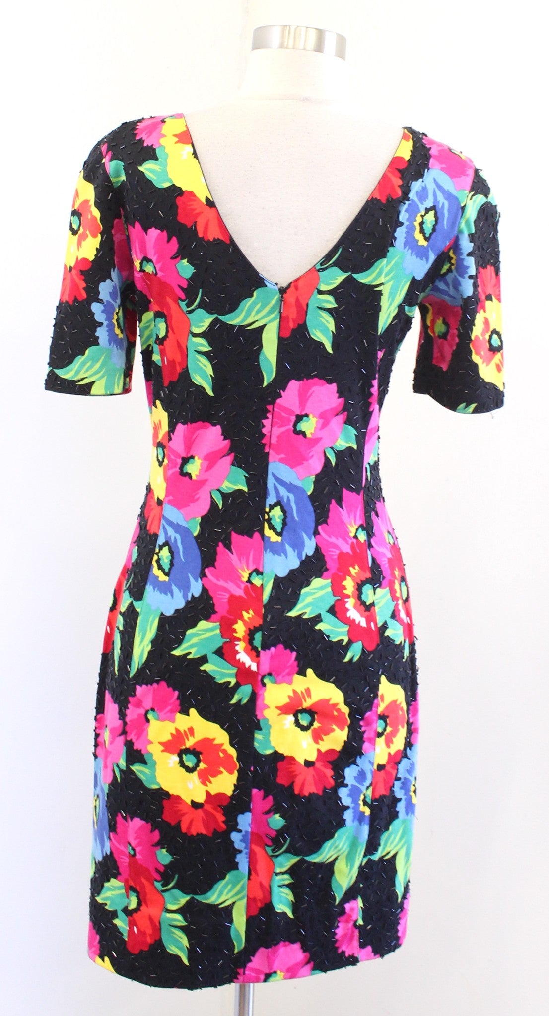 Vtg 90s Black Colorful Floral Print Sequin Embellished Dress Size 6 Cocktail