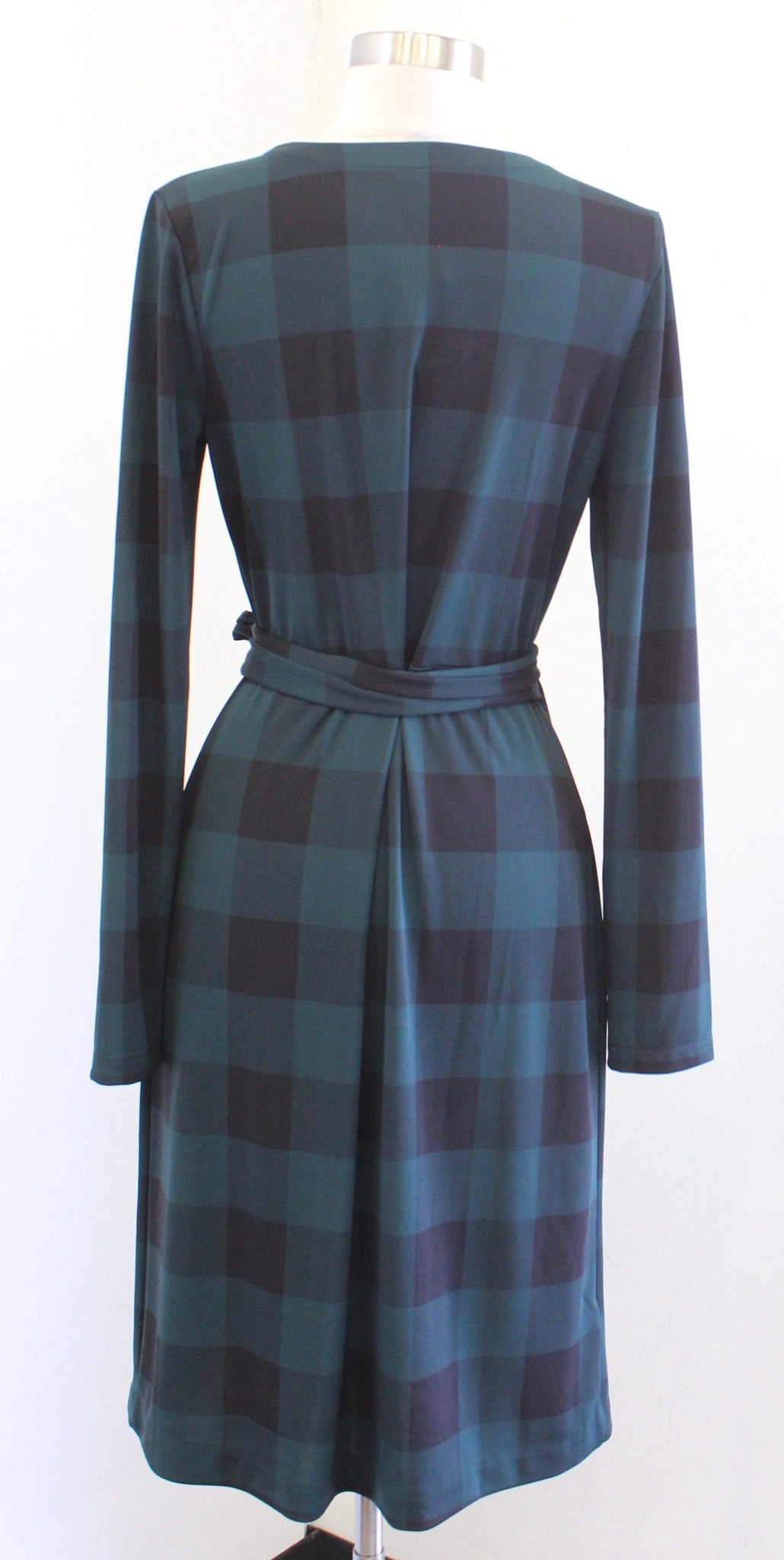 NWT Ann Taylor Green Black Buffalo Plaid Matte Jersey Wrap Dress 6 Long Sleeve