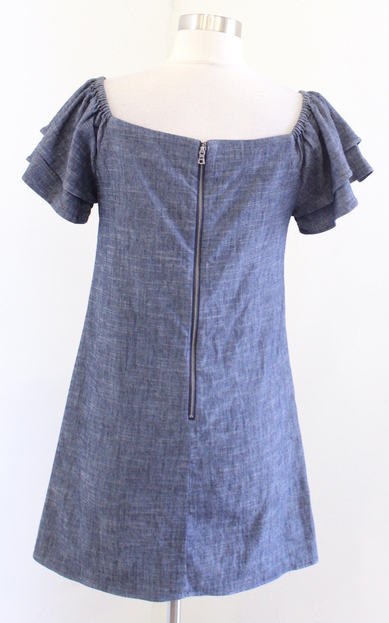 Alice + Olivia Tula Chambray Ruffle Sleeve On / Off Shoulder Mini Dress Linen S