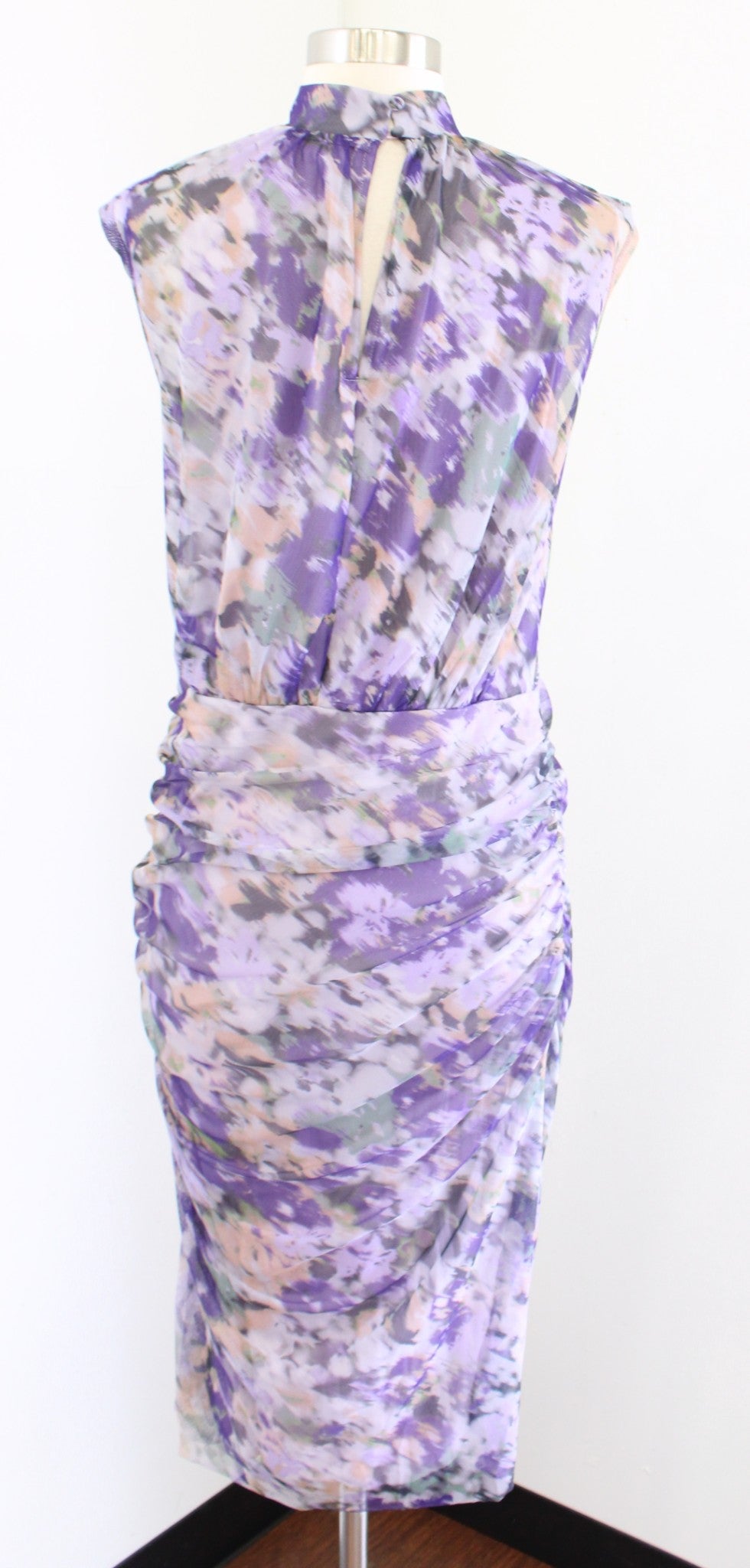 NWT Chicos Purple Abstract Print Mesh Ruched Midi Dress Sz 1 Mock Neck Cocktail