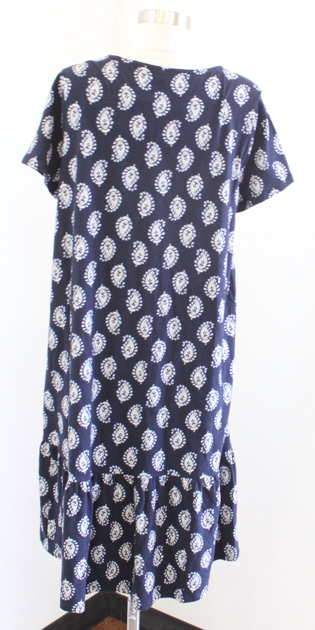 NWT J Jill Navy Blue Paisley Print Cotton Blend Flounce Hem Knit Dress Size M