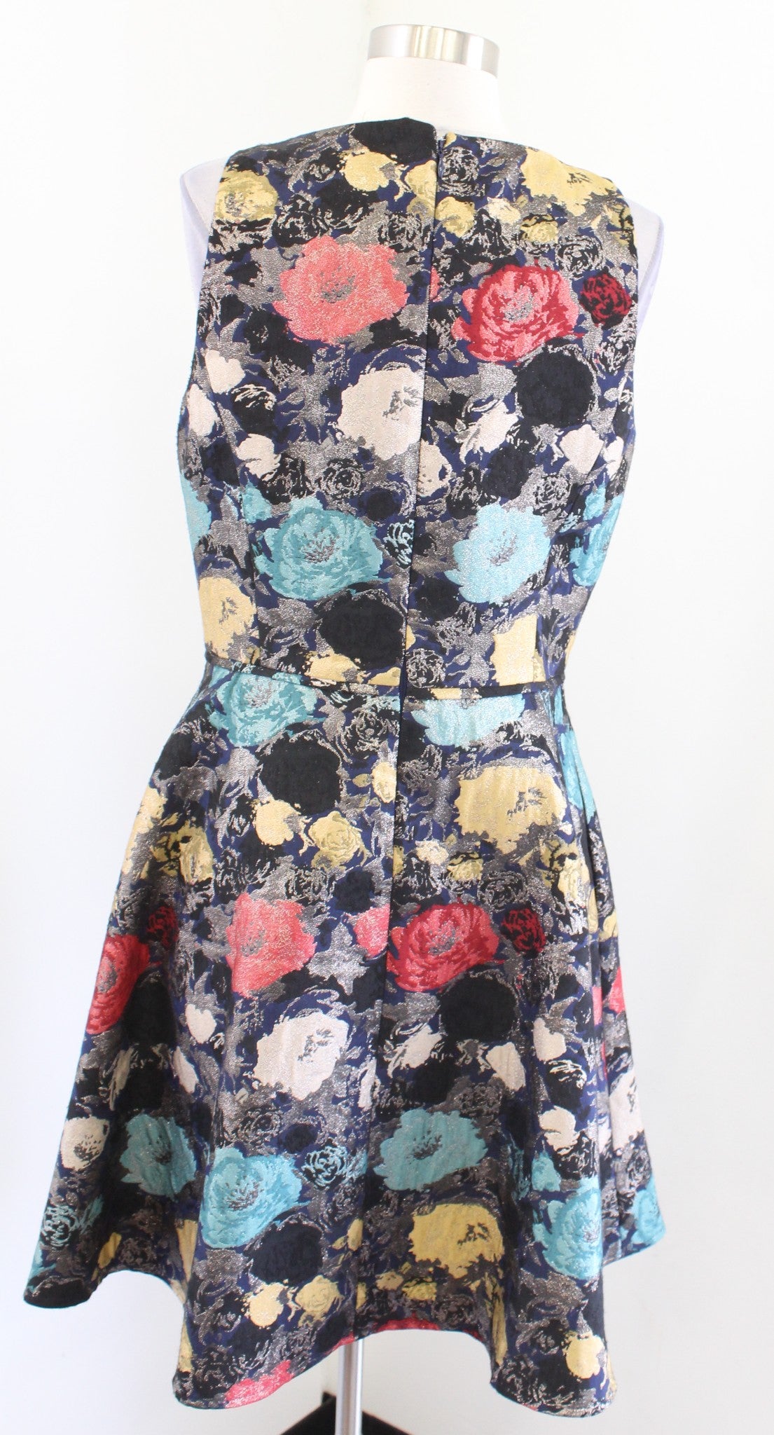 Tahari ASL Levine Metallic Floral Print Fit and Flare Dress Size 8 Cocktail Navy