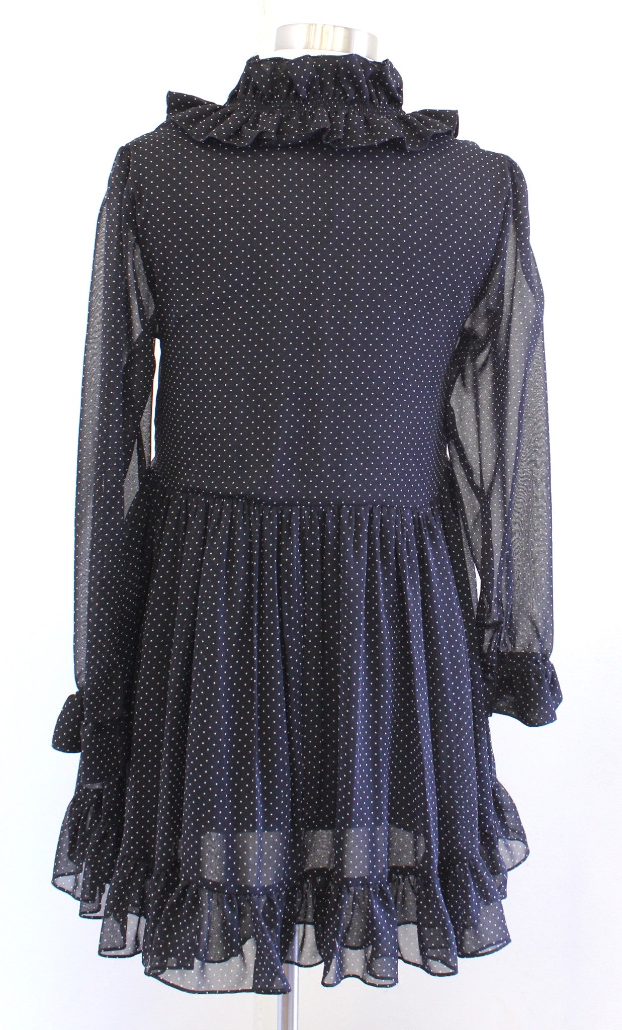 Zara Black White Polka Dot Ruffle Neck Pleated Mini Dress Babydoll Size XS