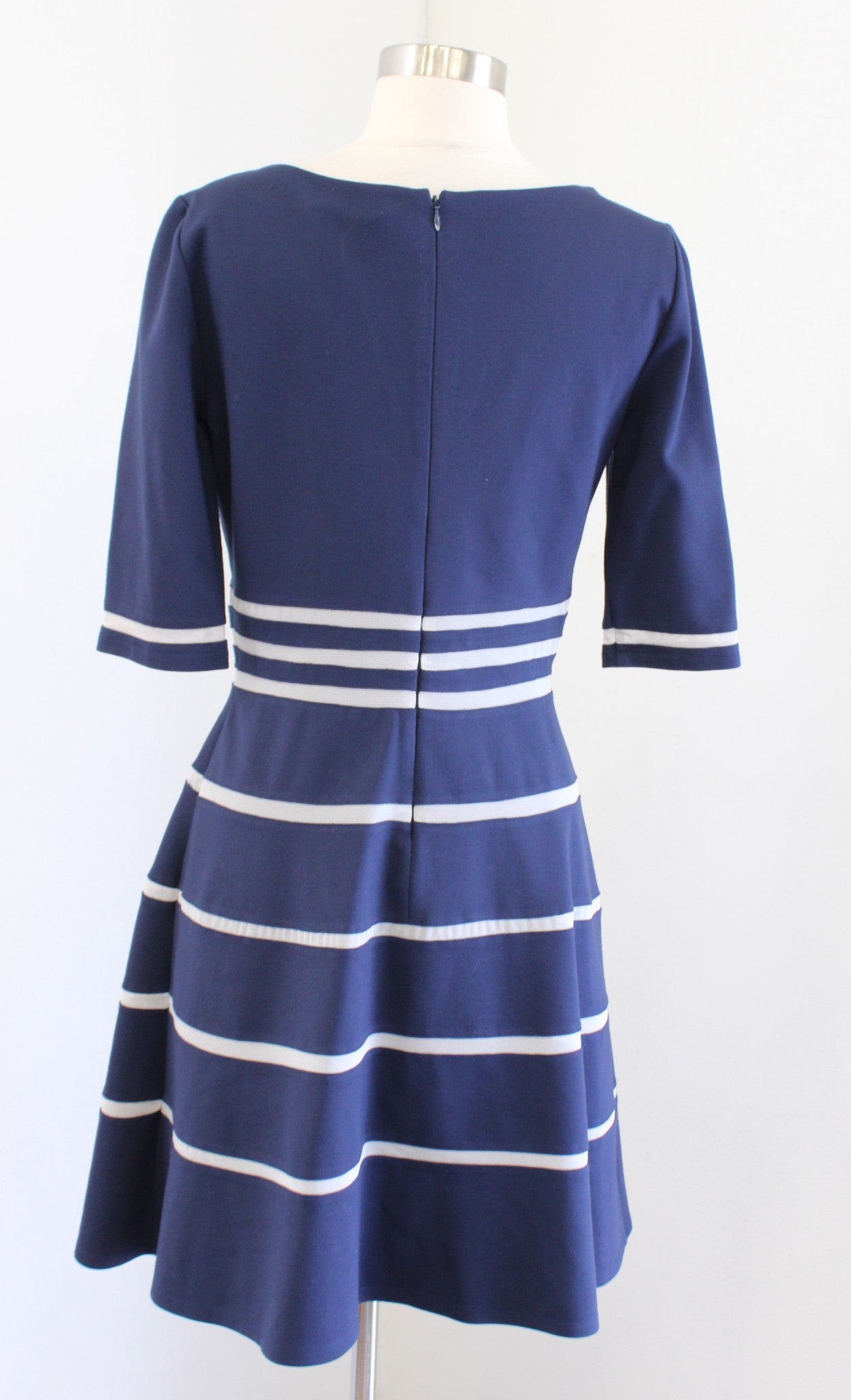 Erin Fetherston Bella Navy Blue Mesh Striped Ponte Fit and Flare Dress Size 6