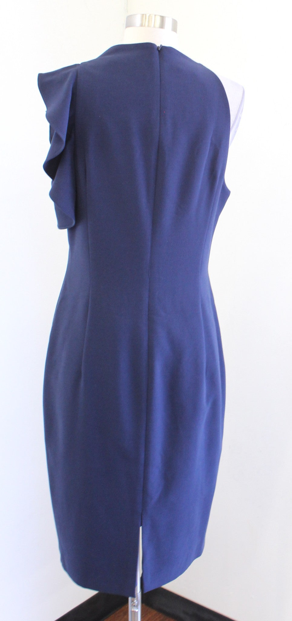 Black Halo Pabla Navy Blue Asymmetric Ruffle Mock Neck Sheath Dress Sz 12 Career