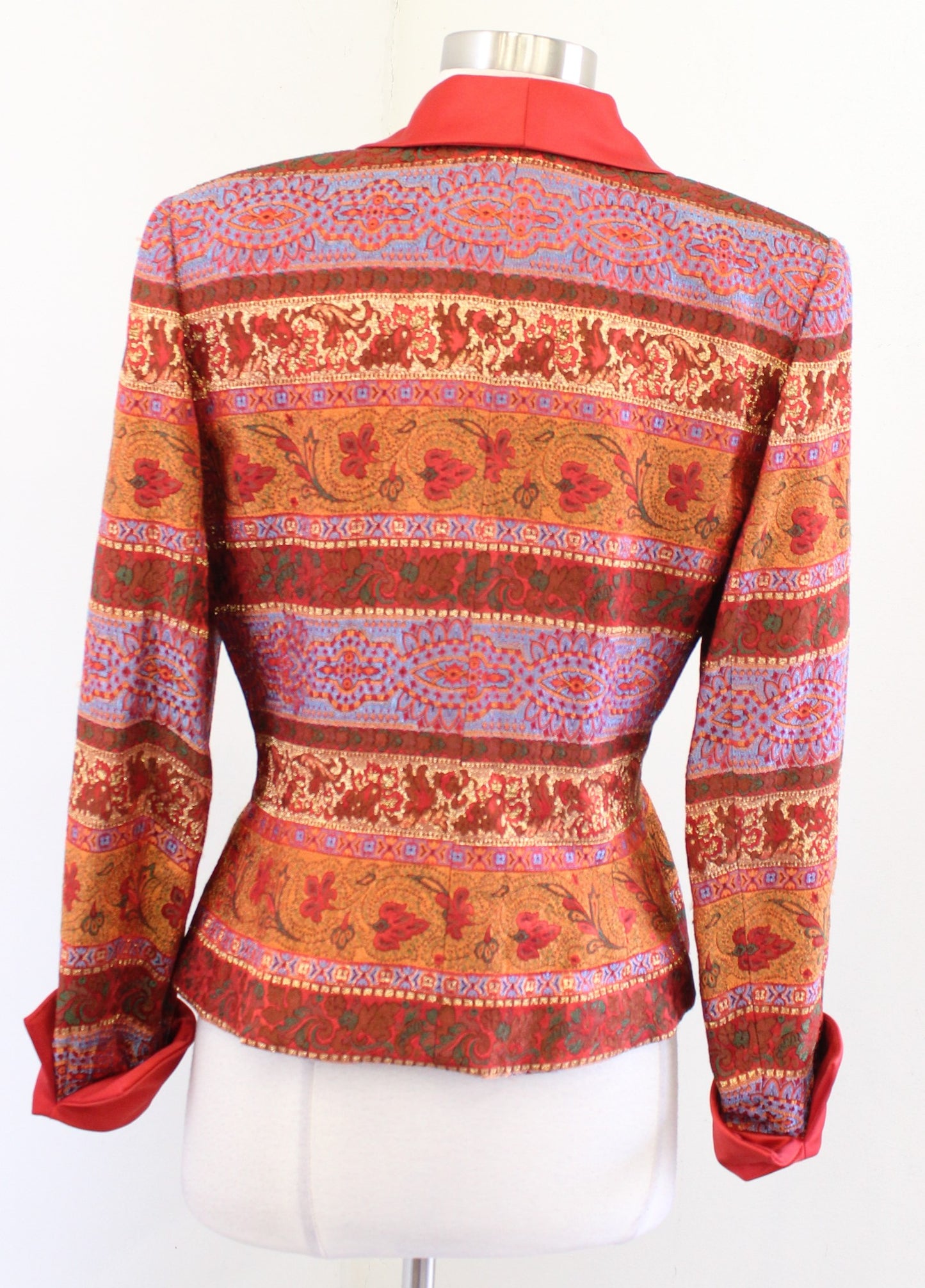 Vtg 80s Victor Costa Red Metallic Floral Stripe Evening Blazer Size 8 Brocade