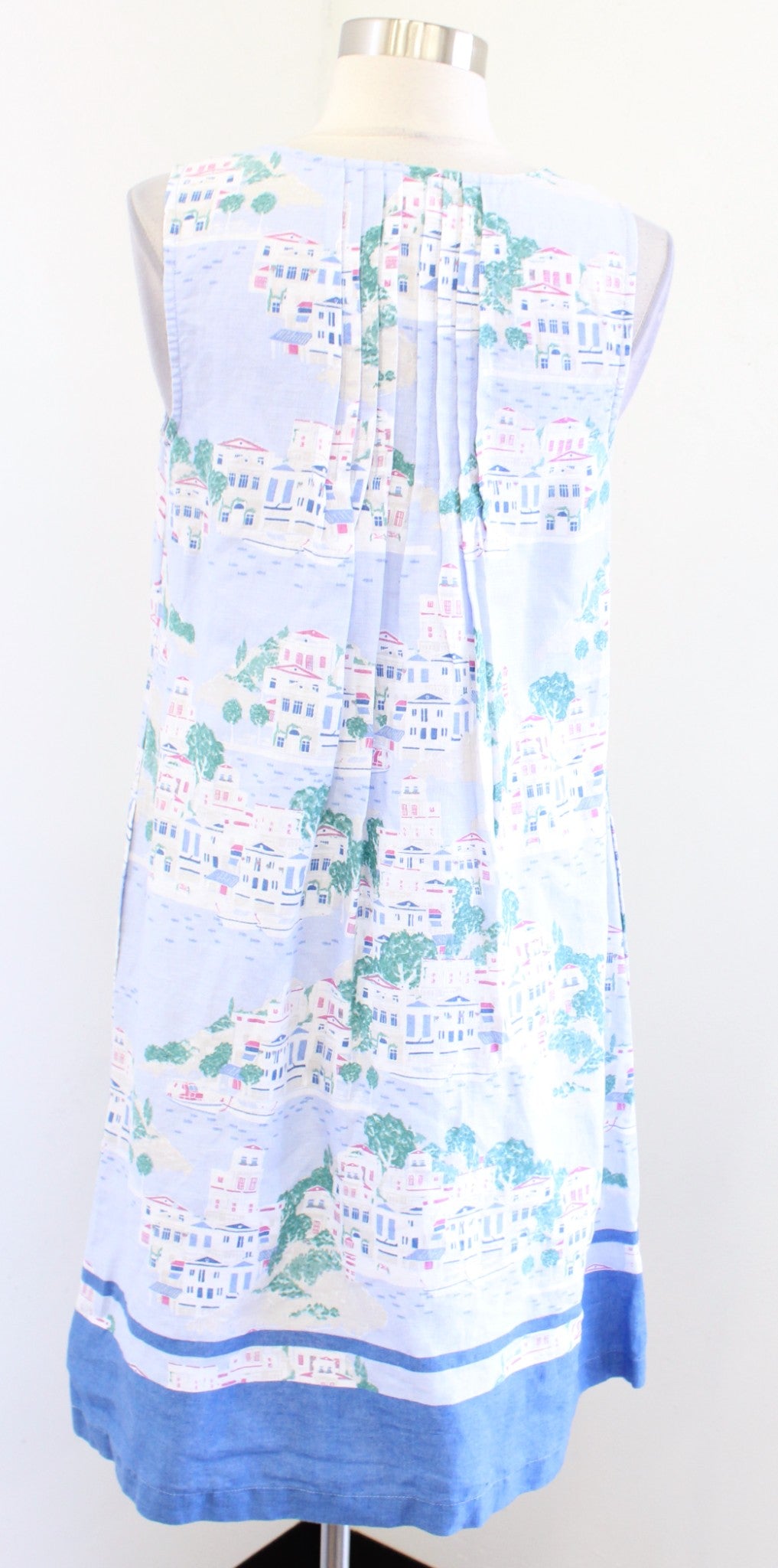 J Jill Love Linen Blue Toile Nautical Beach City Print Shift Dress Size XS