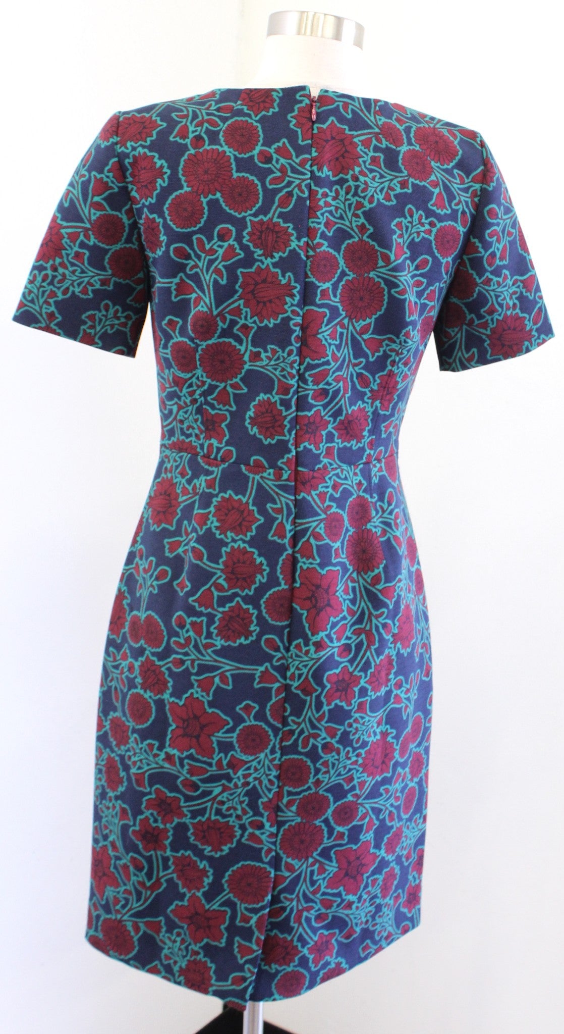 J Crew Factory Floral Print Short Sleeve Sheath Dress Size 2 Navy Blue Green Red