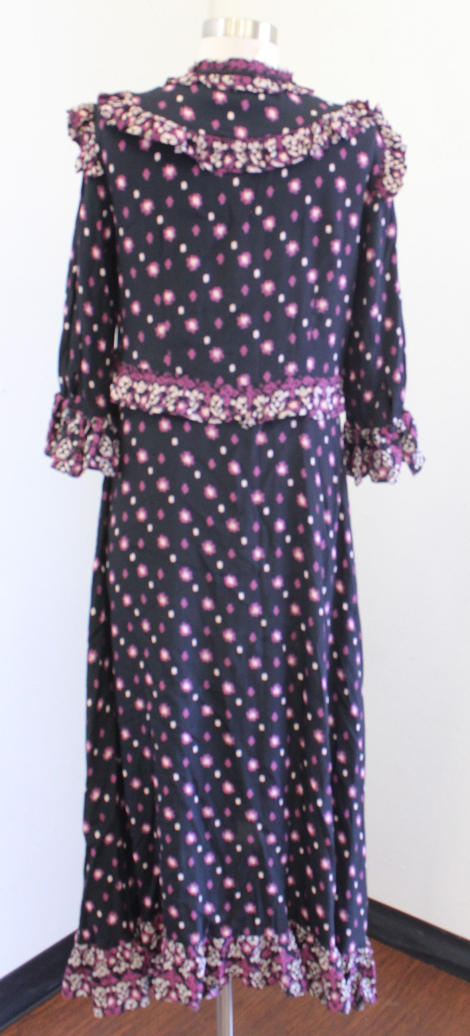 Free People Calico Skies Black Floral Ruffle Midi Maxi Dress Size S Peasant