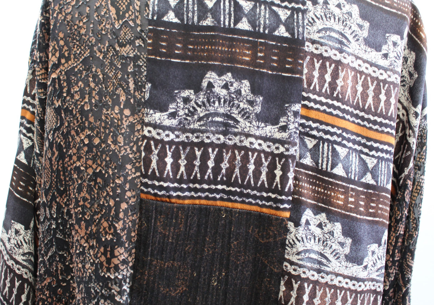 Chicos Brown Patchwork Geometric Animal Print Silk Blend Topper Jacket Size 3