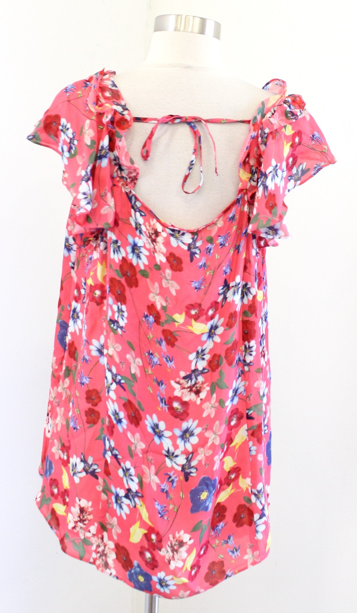 Parker Coral Floral Ruffle Cap Sleeve Pleated Silk Blend Top Blouse Size L