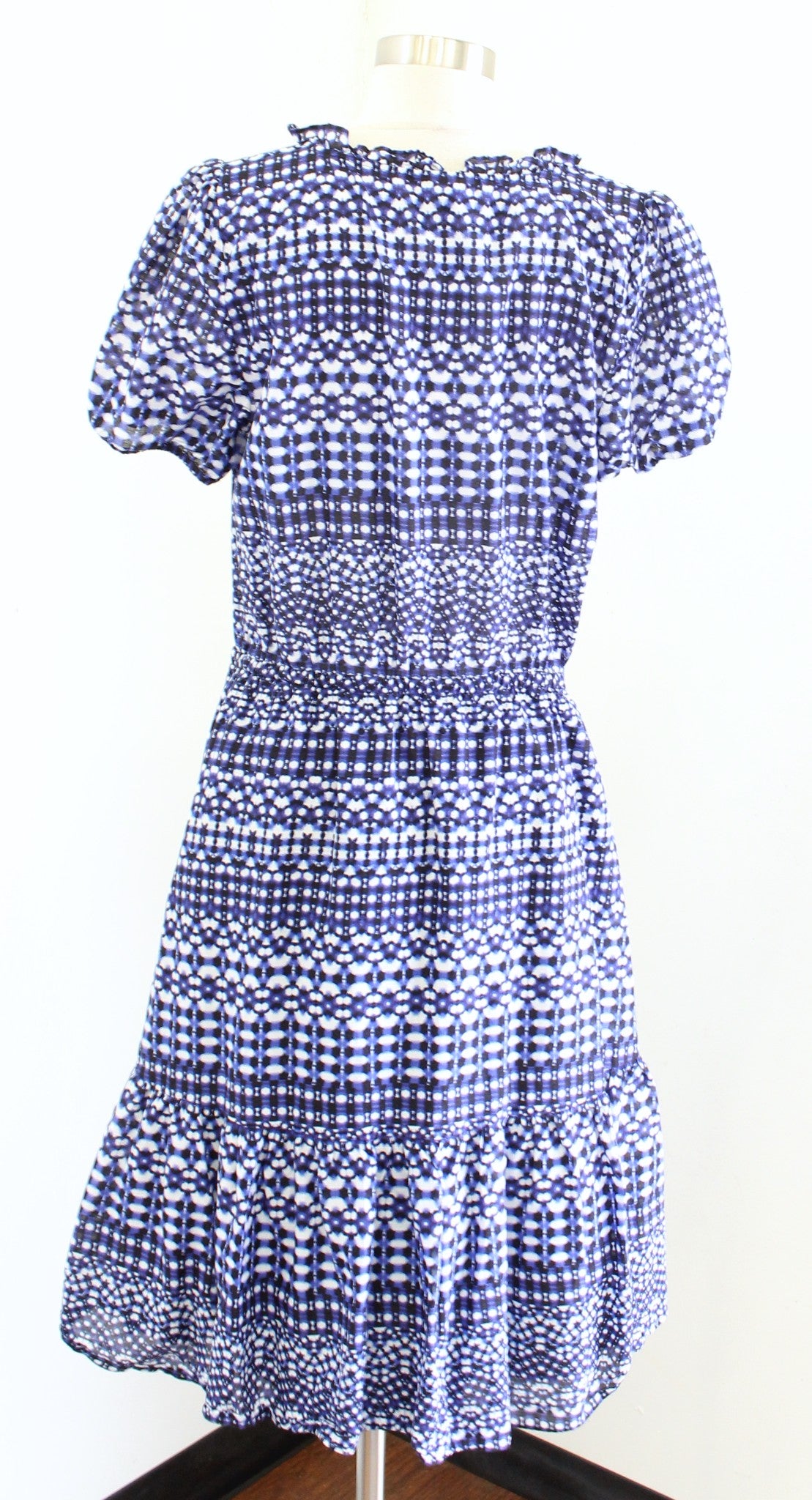 Talbots Blue White Shibori Geo Print Fit and Flare Tiered Dress Size L Casual