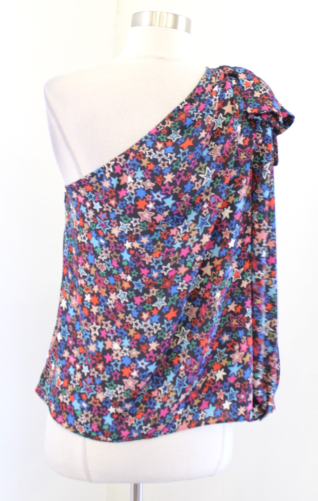 J Crew Womens One Shoulder Bow Colorful Star Print Top Blouse Size 4