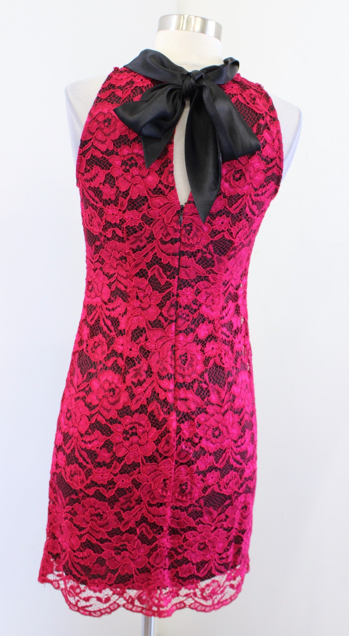 White House Black Market Raspberry Red Lace Bow Tie Collared Dress Cocktail Sz 0