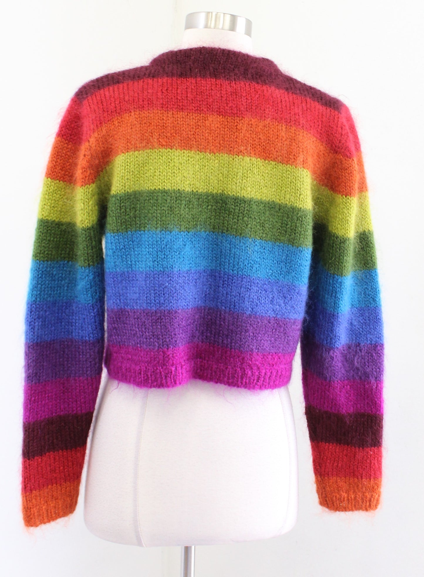 Vtg Rainbow Striped Mohair Blend Fuzzy Cropped Cardigan Sweater Size L Pride