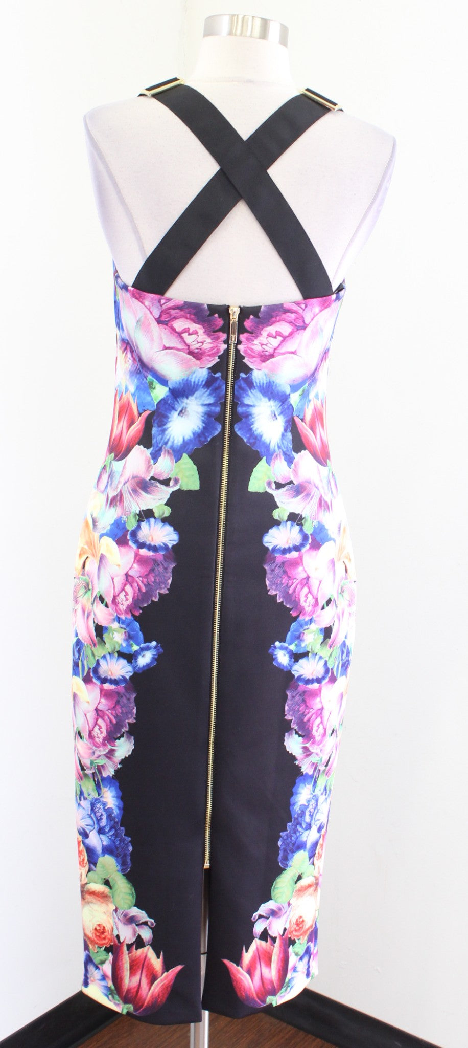 Ted Baker Deony Black Colorful Floral Bodycon Scuba Midi Dress Sz 2 Buckle Strap