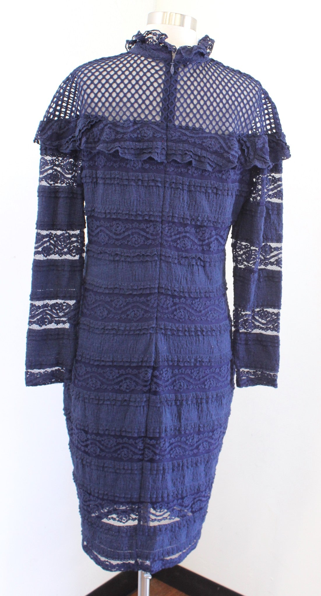 Bebe Navy Blue Ruffle Mesh Lace Mock Neck Dress Size XL Cocktail Party Midi