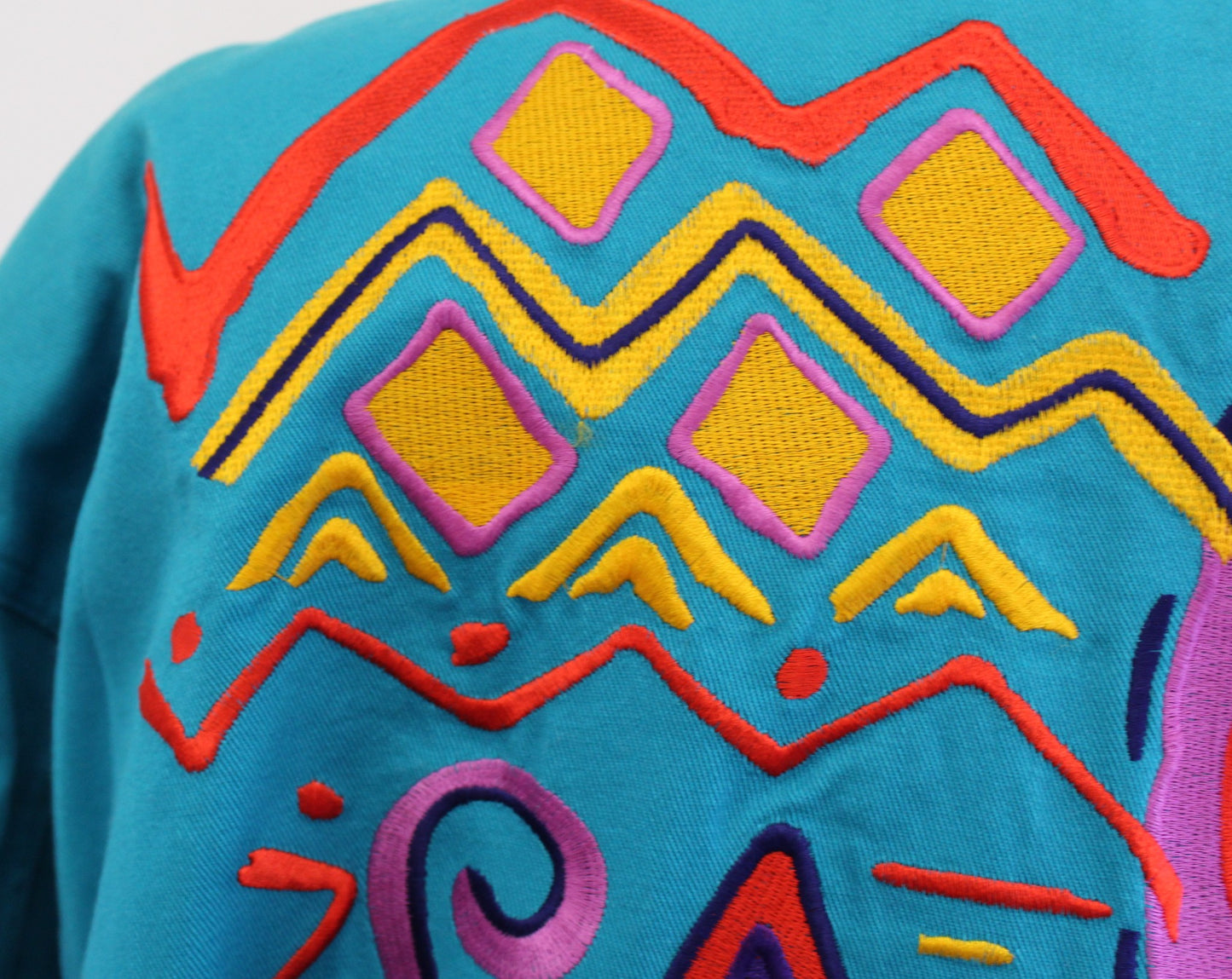 Vtg 90s Teal Blue Geometric Embroidered Trucker Jacket Size 4 / S Retro Artsy