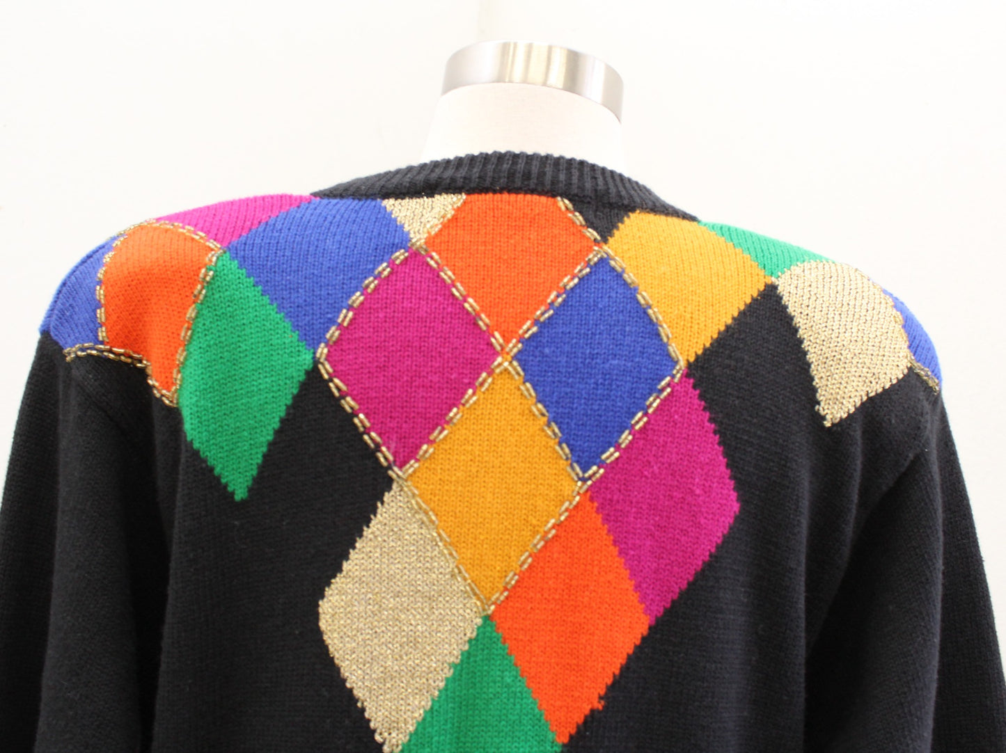 Vtg 90s Black Colorful Diamond Print Sequin V Neck Crop Cardigan Sweater Size XS
