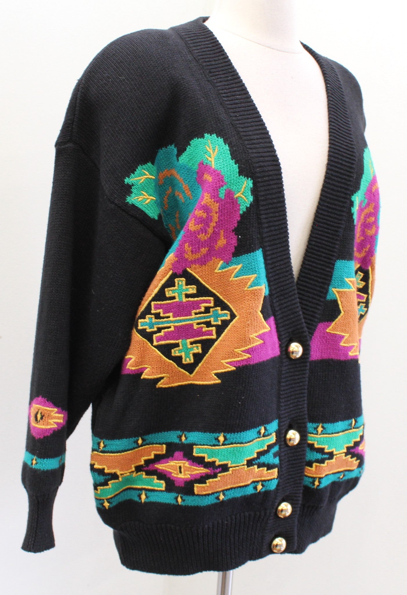 Vtg 90s Black Southwestern Geometric Floral Print Cardigan Sweater Size S Retro