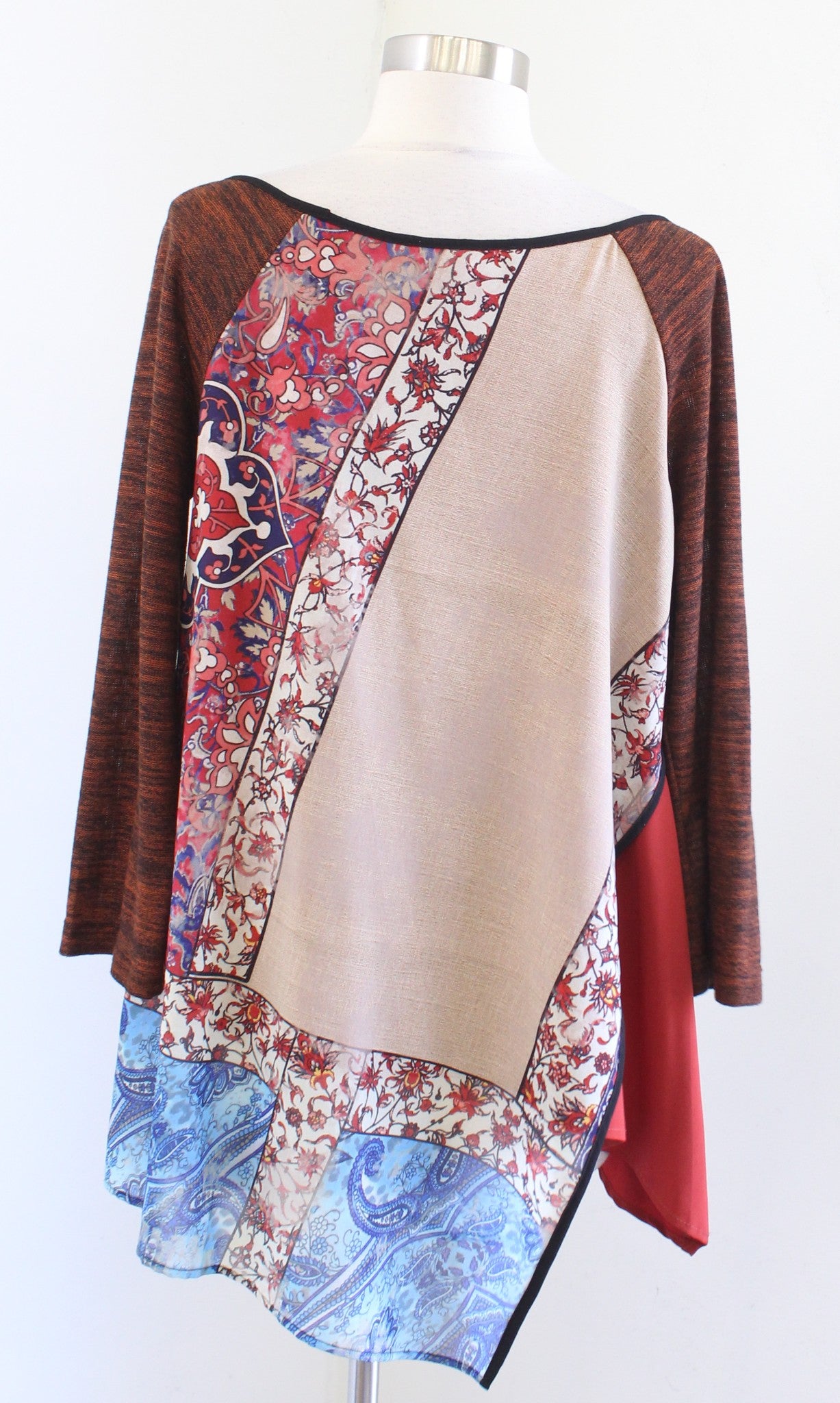 Citron Santa Monica Poeme Patchwork Burnout Asymmetrical Hem Top Blouse Size L