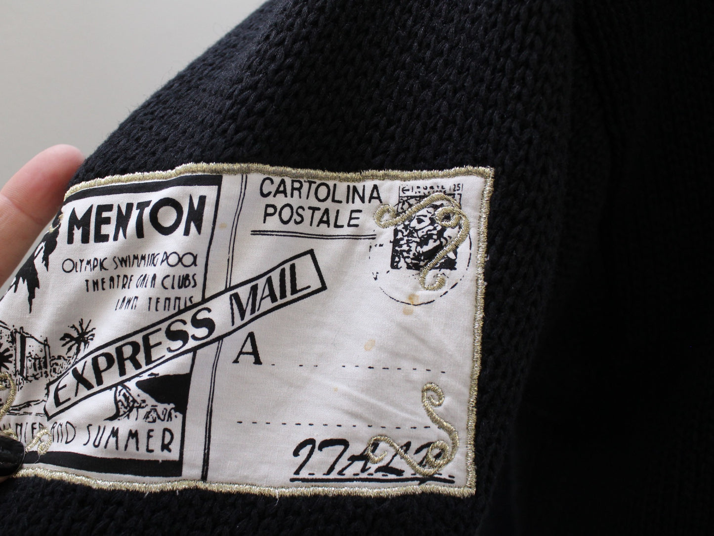 Vtg 90s Black Paris London Eiffel Tower Travel Stamp Cardigan Sweater Size M