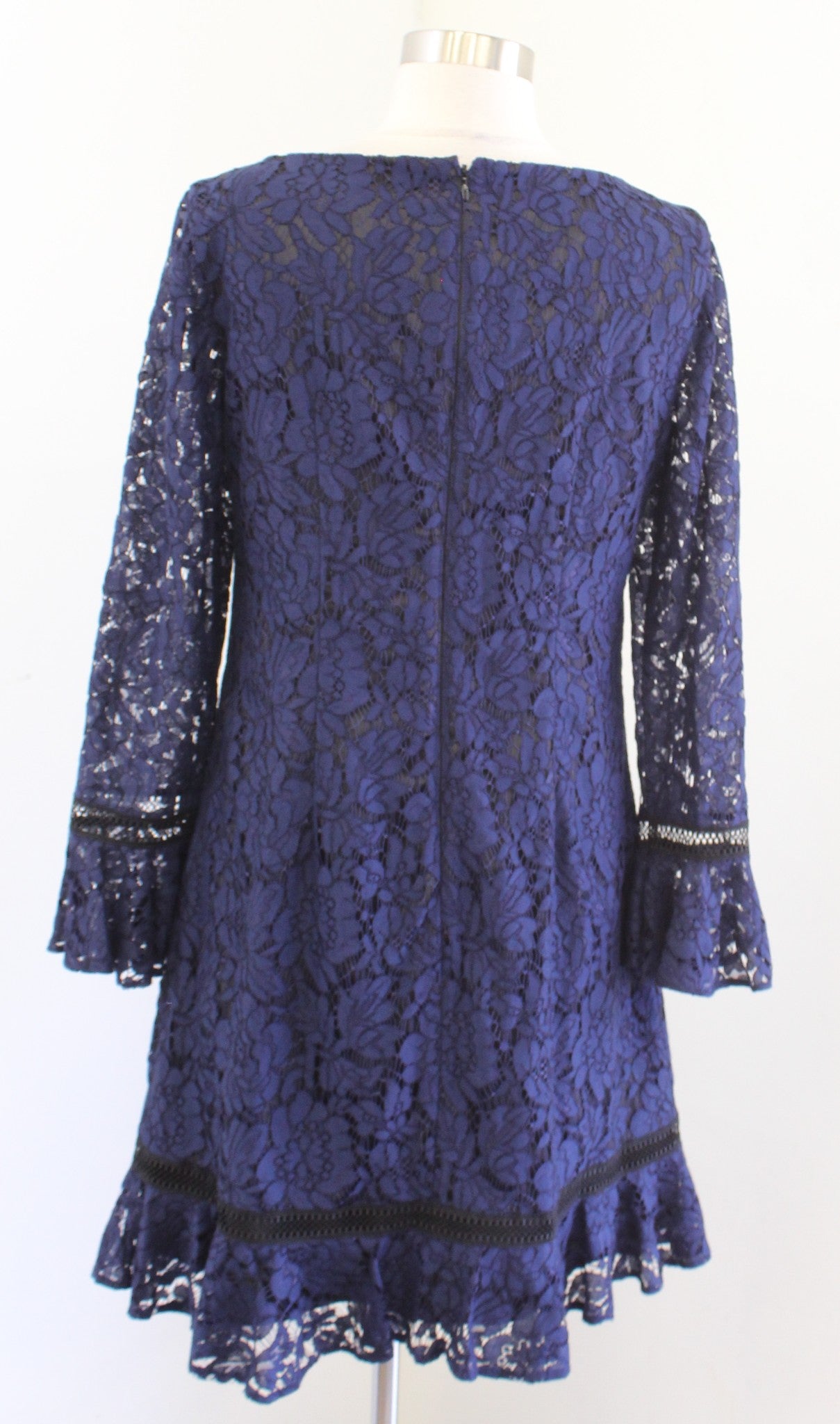 Eliza J Navy Blue Black Lace Illusion Ruffle Trim Bell Sleeve Dress Cocktail 6