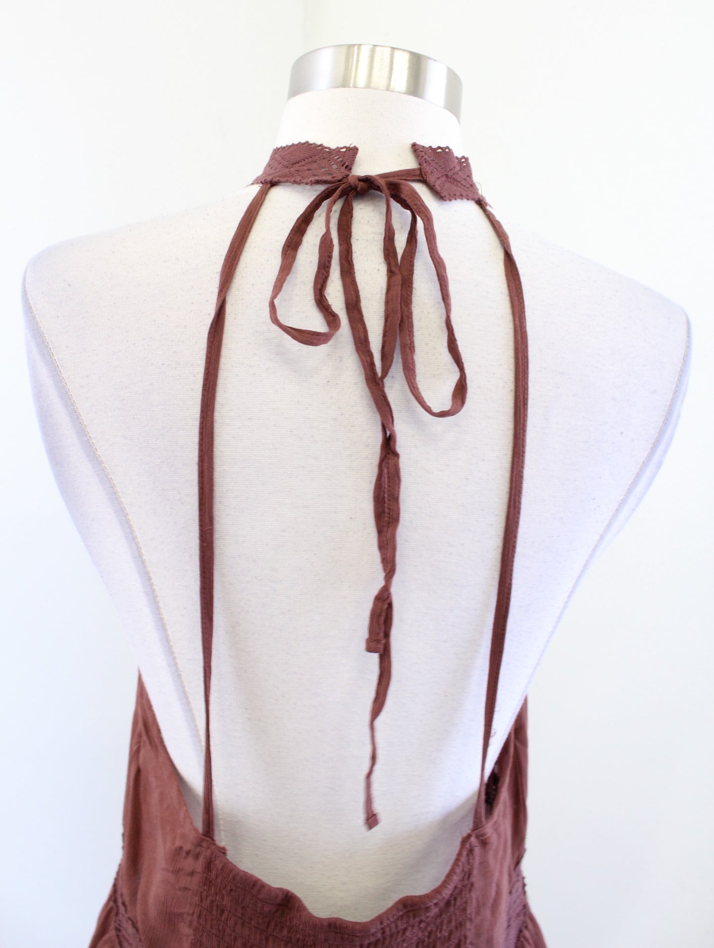 Intimately Free People Brown Crochet Lace Tie Halter Mini Slip Dress Size L