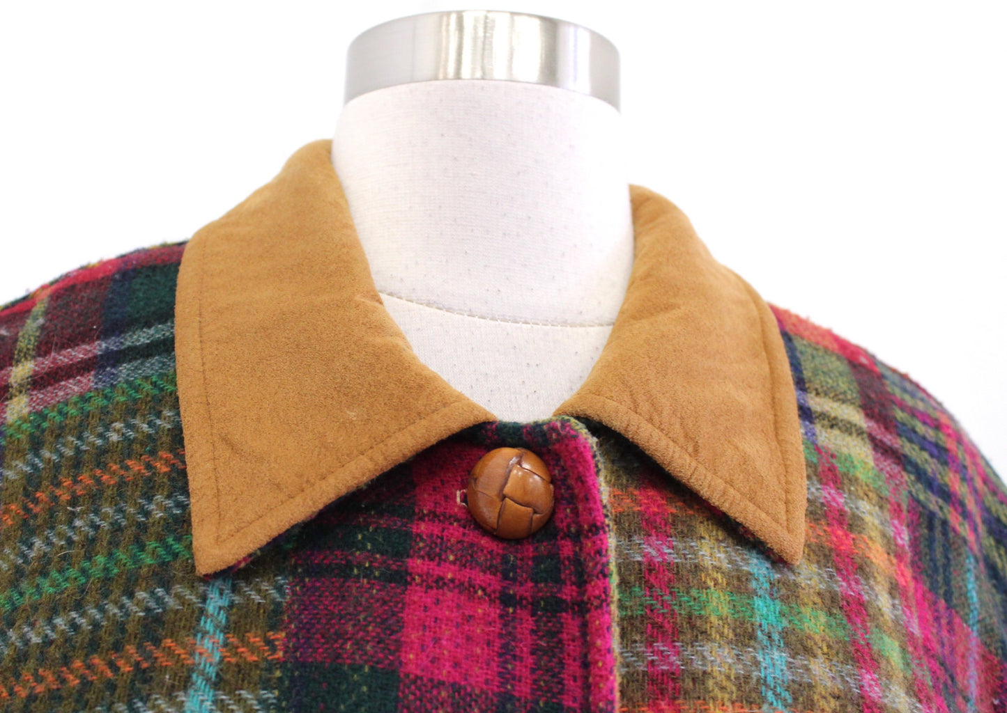 Vtg 90s Colorful Patchwork Plaid Suede Trim Wool Blend Jacket Size L Retro Boho