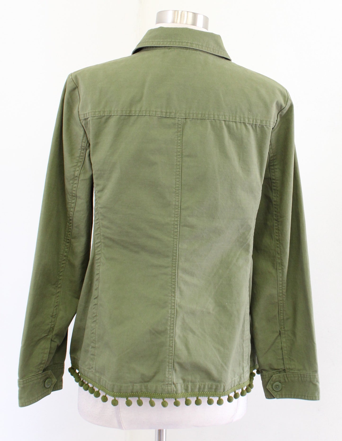 Talbots Womens Moss Army Green Pompom Trim Button Front Utility Jacket Size M