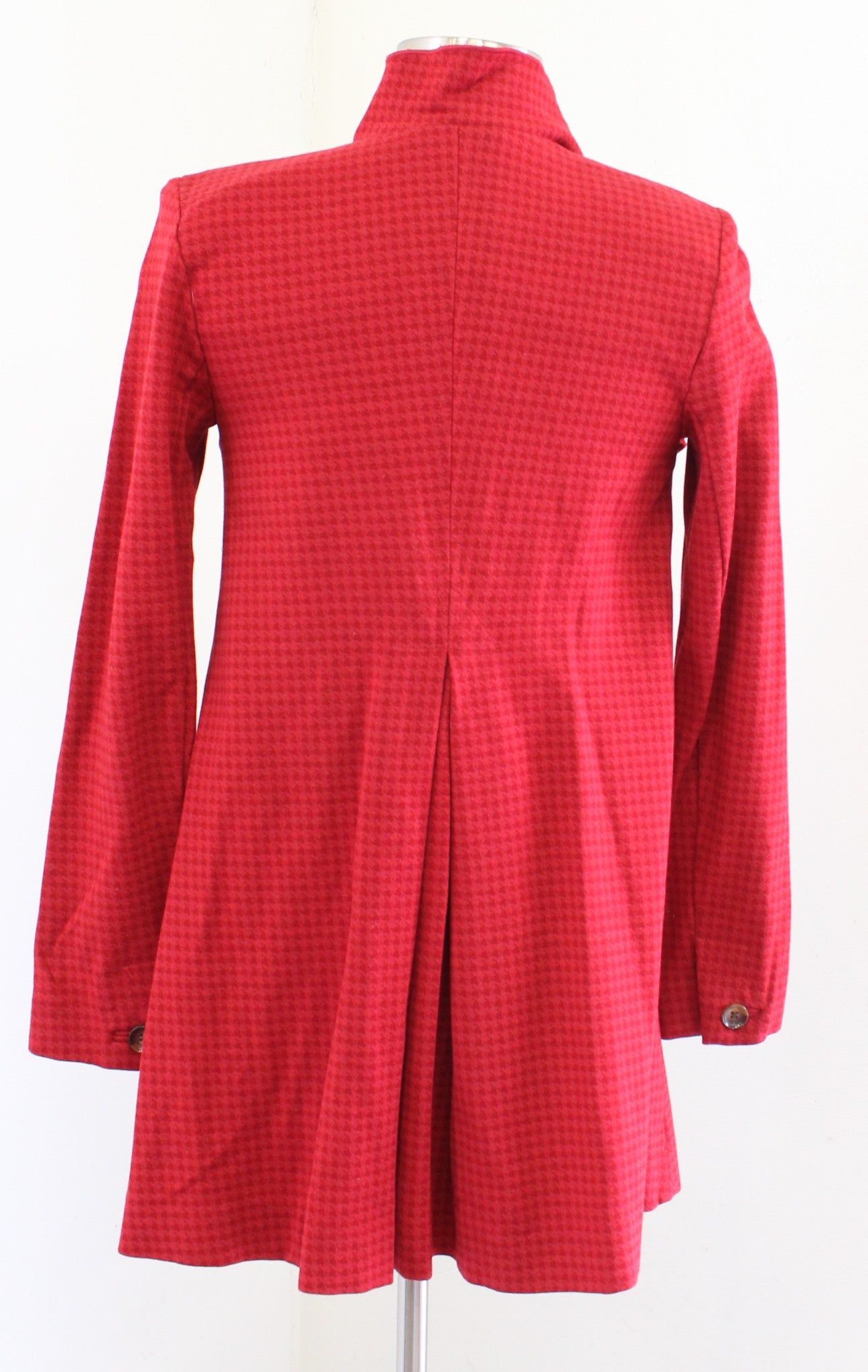 CAbi Red Houndstooth Embossed Ruffle Stand Collar Celebration Coat Jacket Sz XS