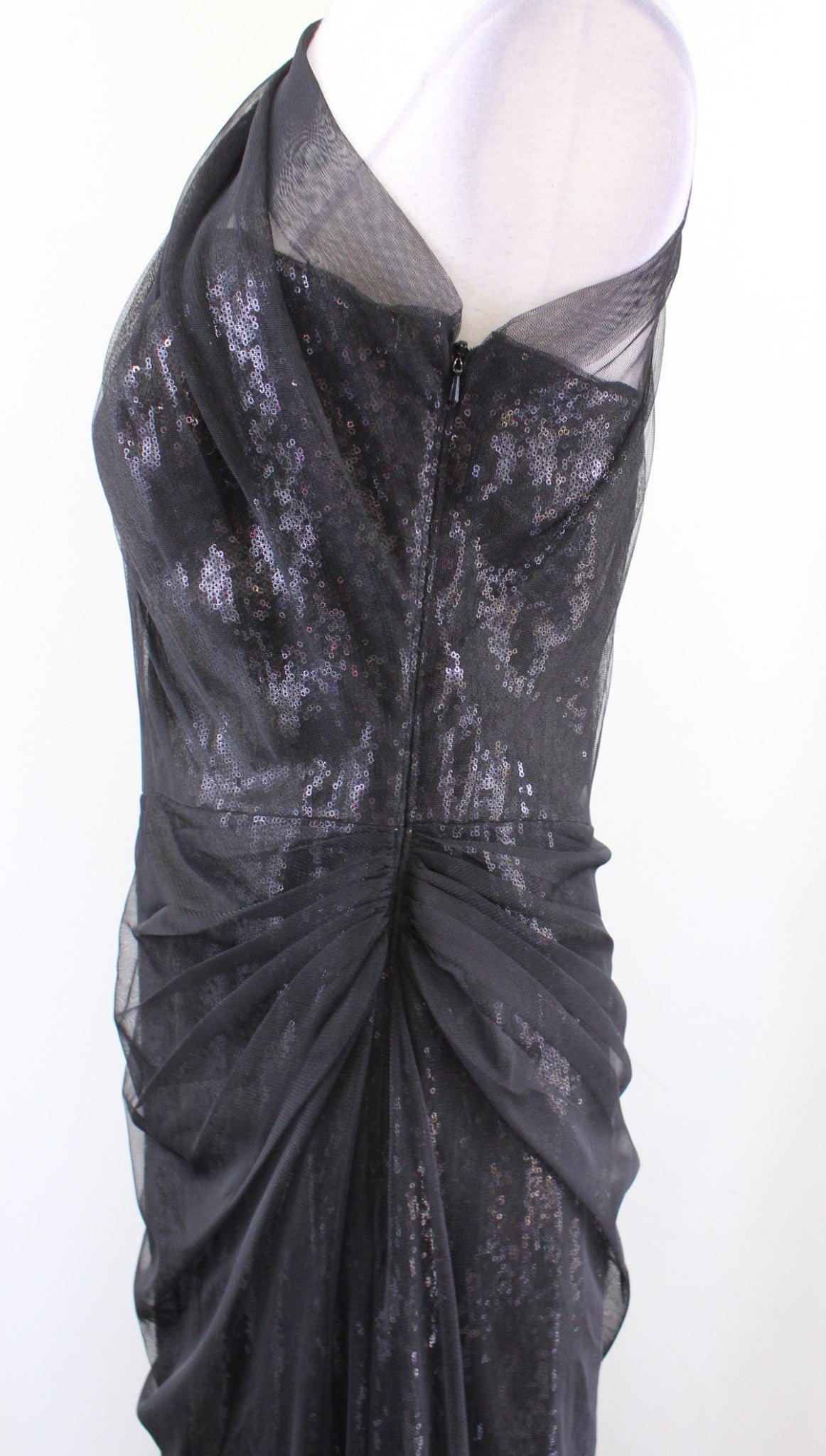 Tadashi Shoji Black Sequin Tulle Mesh One Shoulder Ruched Gown Formal Dress 12