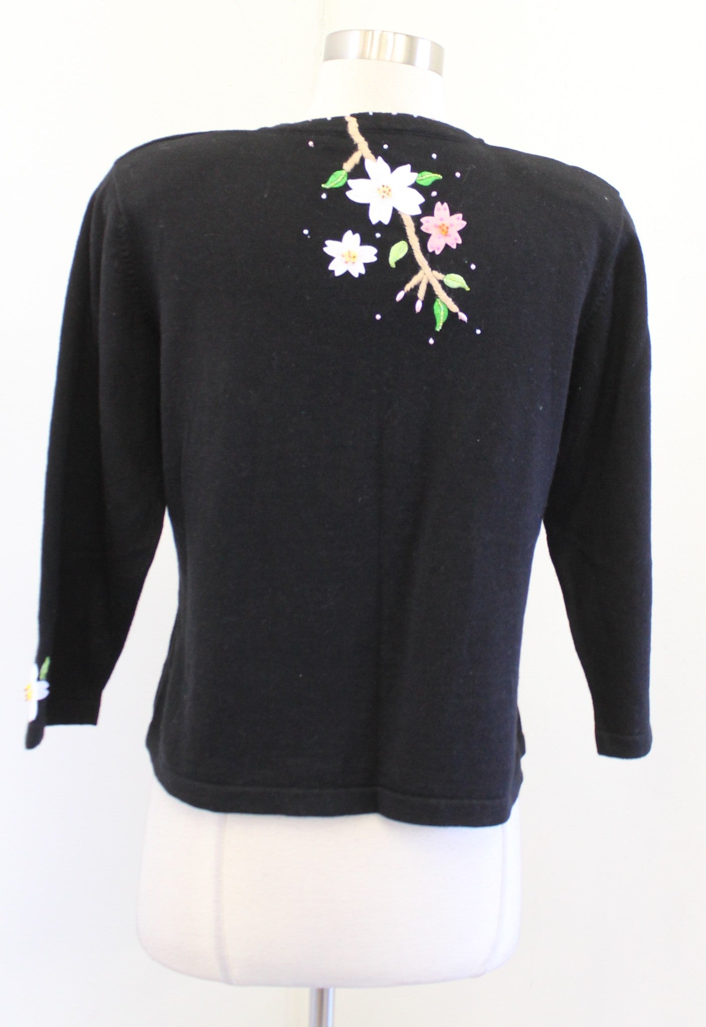 Black Pink 3D Felt Floral Embroidered Embellished Cardigan Sweater Size PL LP