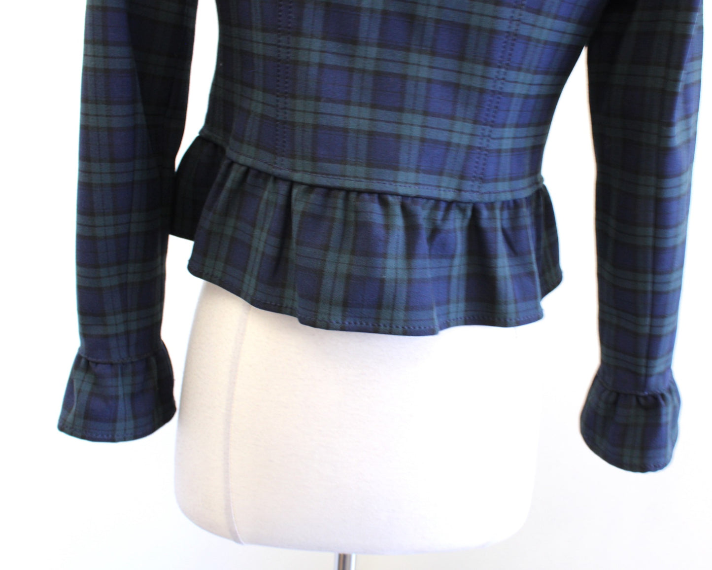 Banana Republic Tartan Plaid Ruffle Trim Blazer Jacket Size 2P Navy Green Black