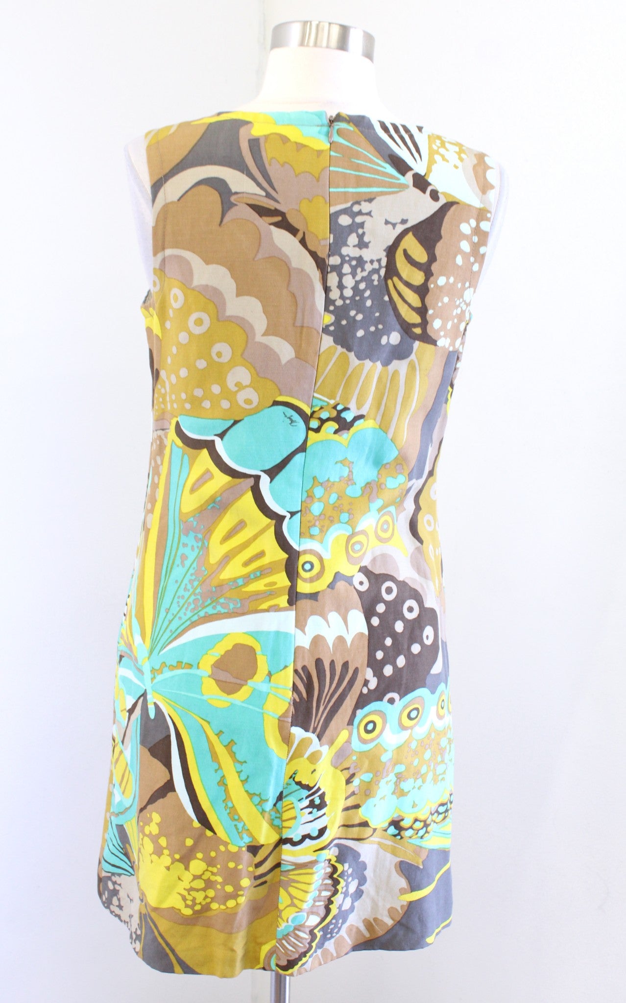 Trina Turk Brown Green Butterfly Print Tie Neck Shift Dress Size 2 Silk Linen