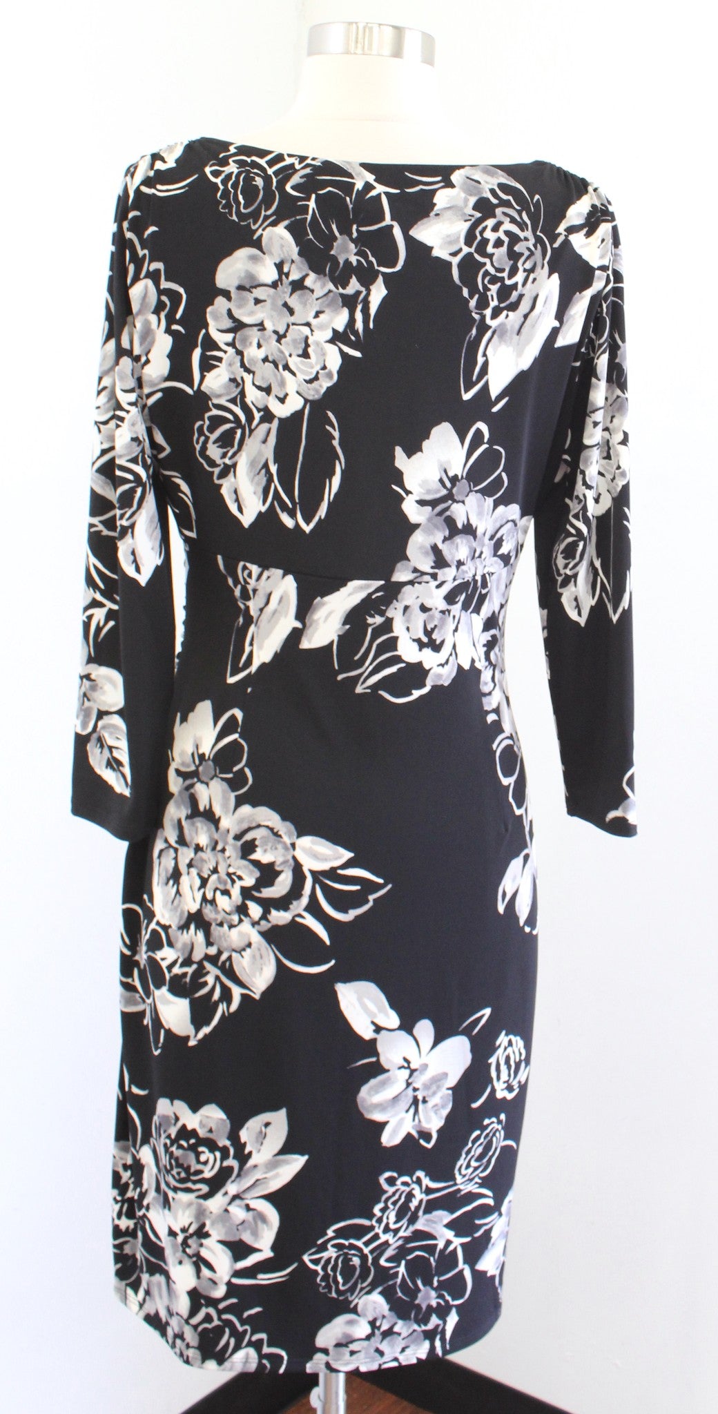Lauren Ralph Lauren Black White Gray Floral V Neck Ruched Wiggle Dress Size 8