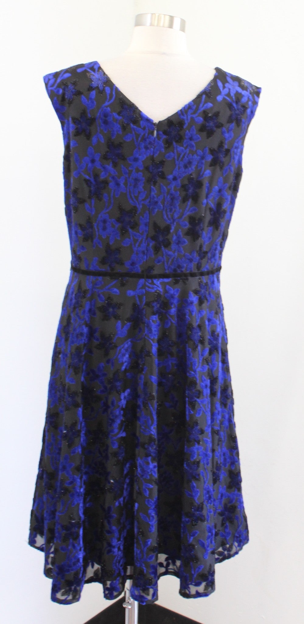 Tahari ASL Levine Black Blue Metallic Burnout Velvet Fit and Flare Dress Size 12