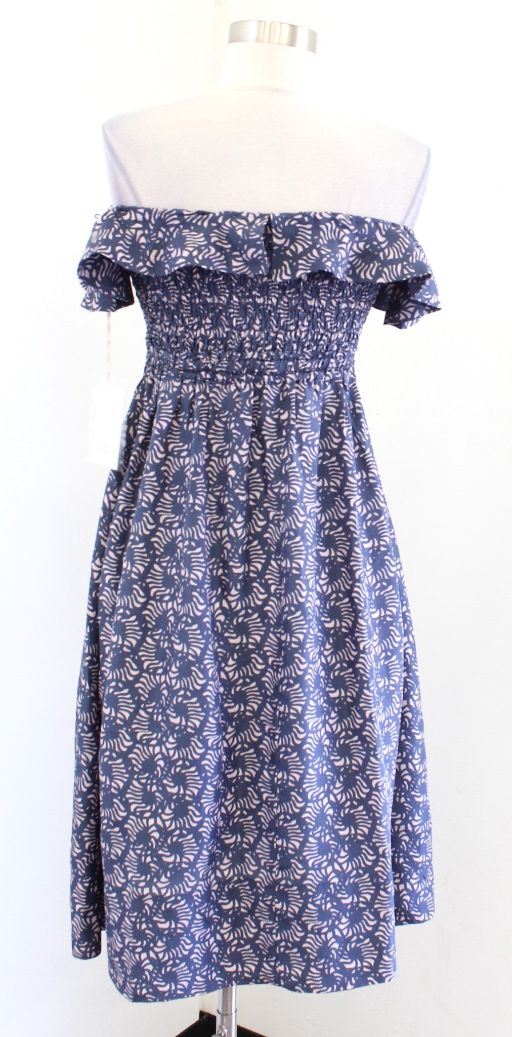 NWT Apiece Apart Lamu Blue Silk Smocked Ruffle Off the Shoulder Midi Dress Sz 2