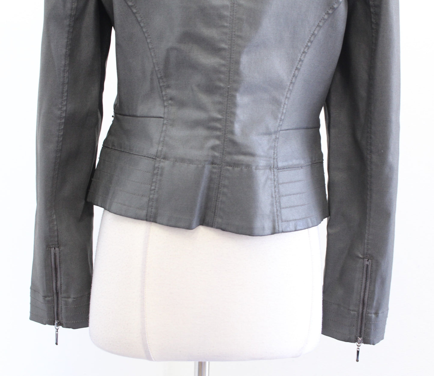 White House Black Market Gray Coated Denim Zip Front Moto Jacket Fitted Size 8