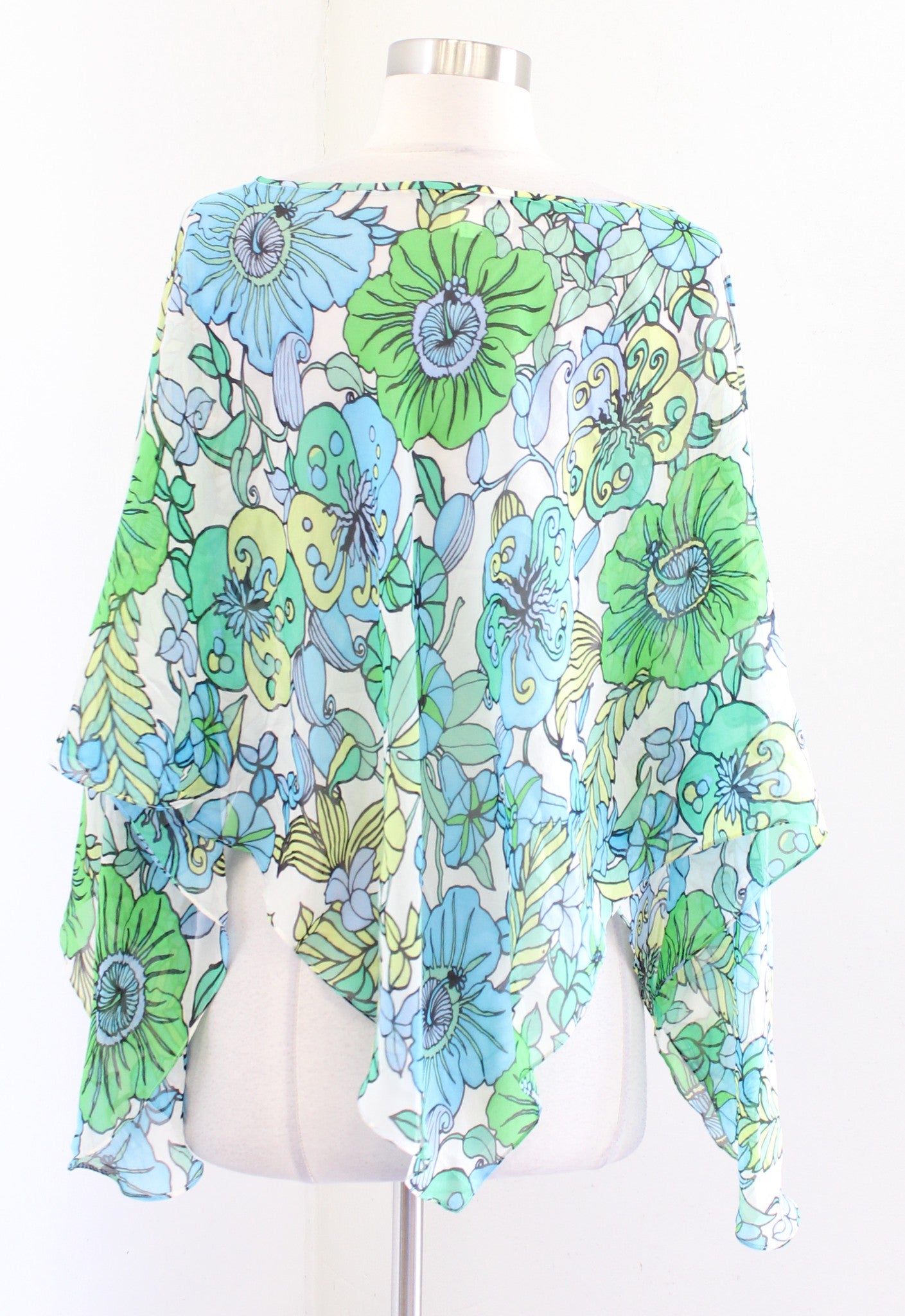 Kay Unger Blue Green Floral Silk Poncho Style Topper Blouse One Size XS S M Boho